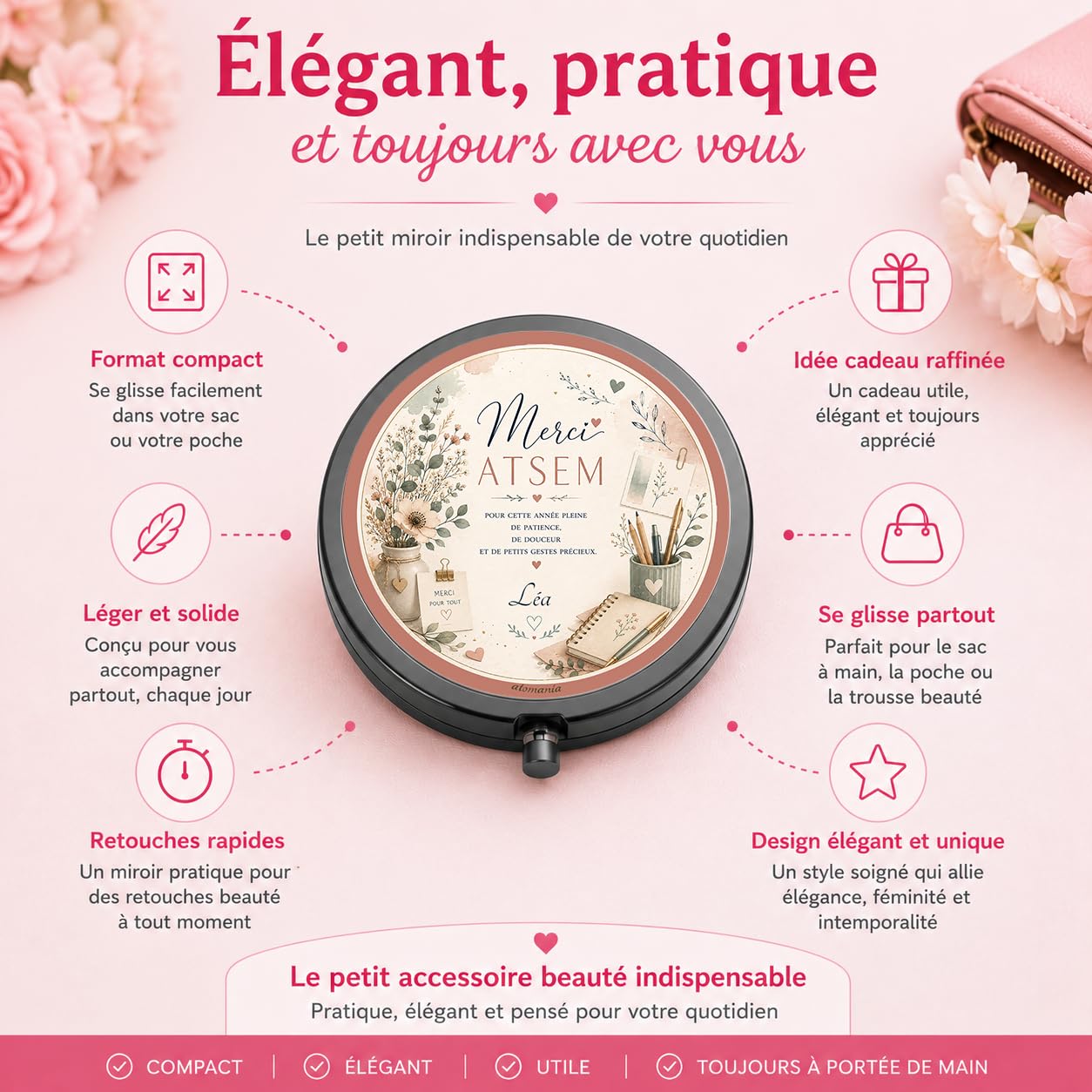 Miroir de Poche Merci ATSEM Personnalisé – Cadeau ATSEM Fin d'Année Scolaire avec Prénom – Cadeau Assistante Maternelle Élégant et Utile – Miroir Compact Femme