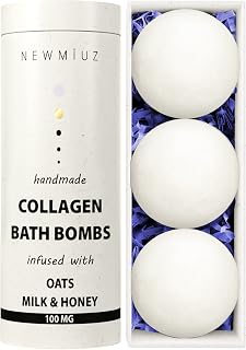 NewMiuz Creamy Collagen Bath Bombs Oatmeal Milk Honey - Luxurious Fizzing Bubble Bath for Dry Sensitive Skin, Spa Gift Set 3pcs