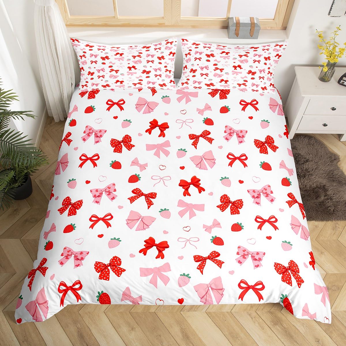 Homemissing Cute Bow Bedding Set Single Size Kids Strawberry Comforter Cover for Boys Girls Teens Red Bowknot Duvet Cover Breathable Soft Lightweight Microfiber Kawaii Room Decor
