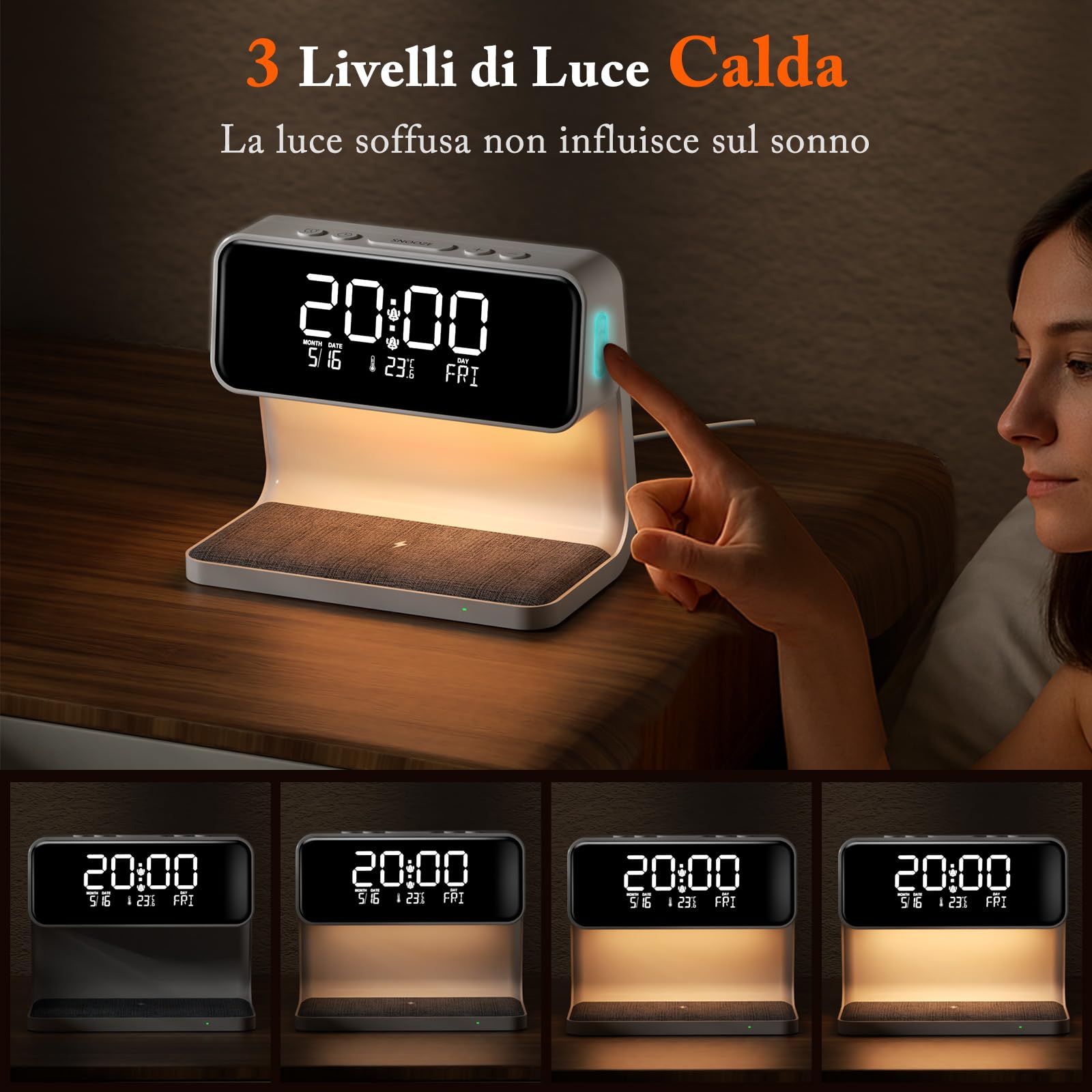 Sveglia Digitale, Sveglia da Comodino con Ricarica Wireless 15W, Display LED Temperatura/Data/2 Allarme/Snooze Regolabile/ 12/24Ore, Sveglia Luminosa con Touch Dimmerabile per Adulti e Bambini