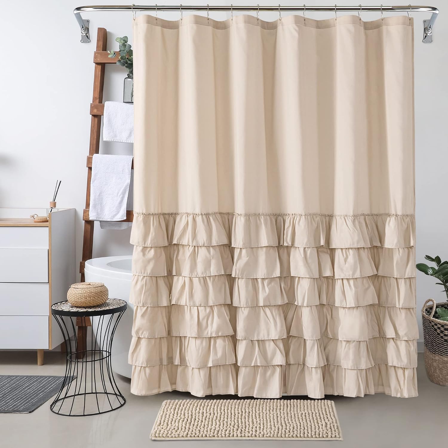 REEPLE 3 Pcs Farmhouse Shower Curtain Set with Rugs and 12 Hooks for Bathroom Ruffle Textured Waterproof Fabric Shower Bath Curtain 72 x 72 Inch Beige