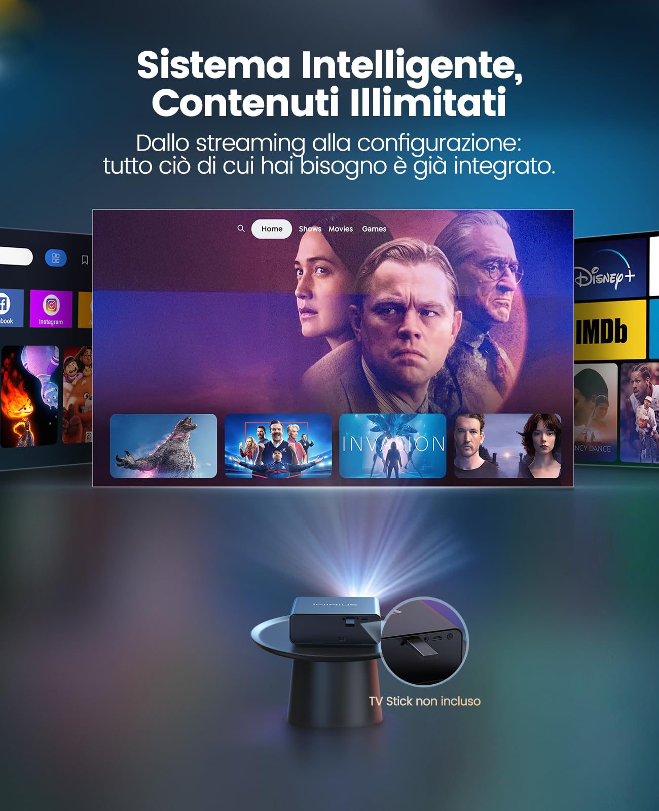 Proiettore 4K [Compatibile con Netflix]1000ANSI Auto Focus/Keystone Proiettore 4K smart tv, WiFi6 Bluetooth Bidirezionale Videoproiettore 1080p nativo con HDMI ARC/CEC Home Cinema/Esterno Nero