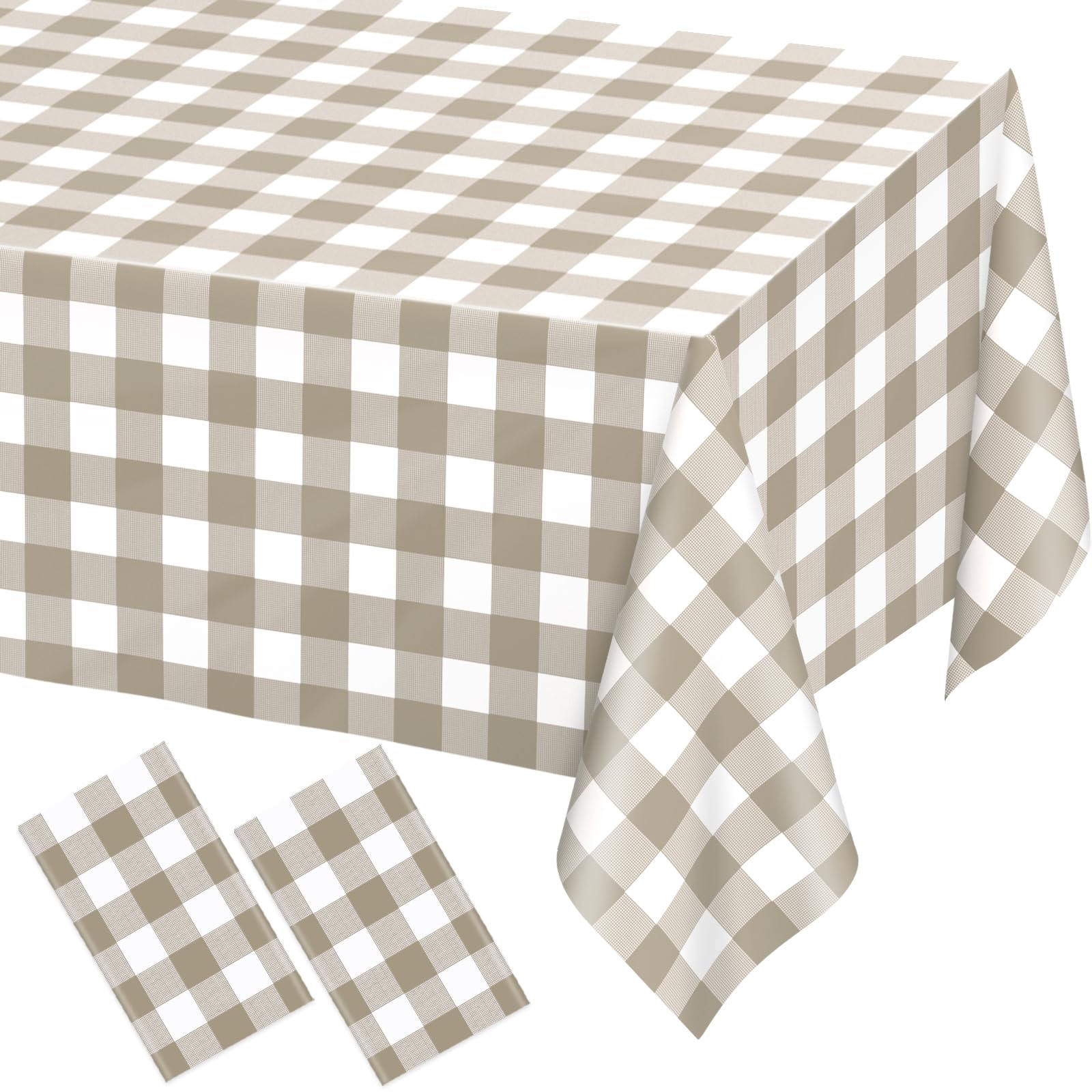 WNINK 2 Pack Brown Checkered Rectangular Plastic Tablecloths, Brown and White Gingham Waterproof Disposable Table Covers 54" x 108" for Birthday, Baby Shower, Wedding, Outdoor Picnic Parties