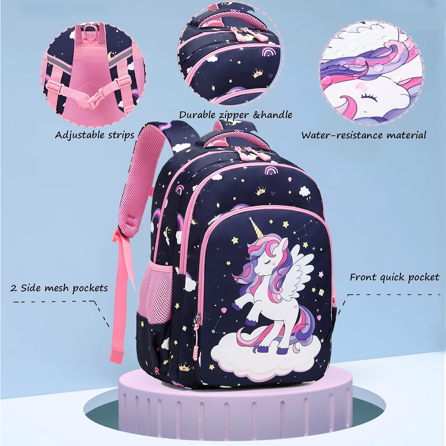 Jumpopack Unicorn Backpack for Girls School Backpacks for Girls Elementary School Bag Bookbag,Navy Unicorn - Image 4