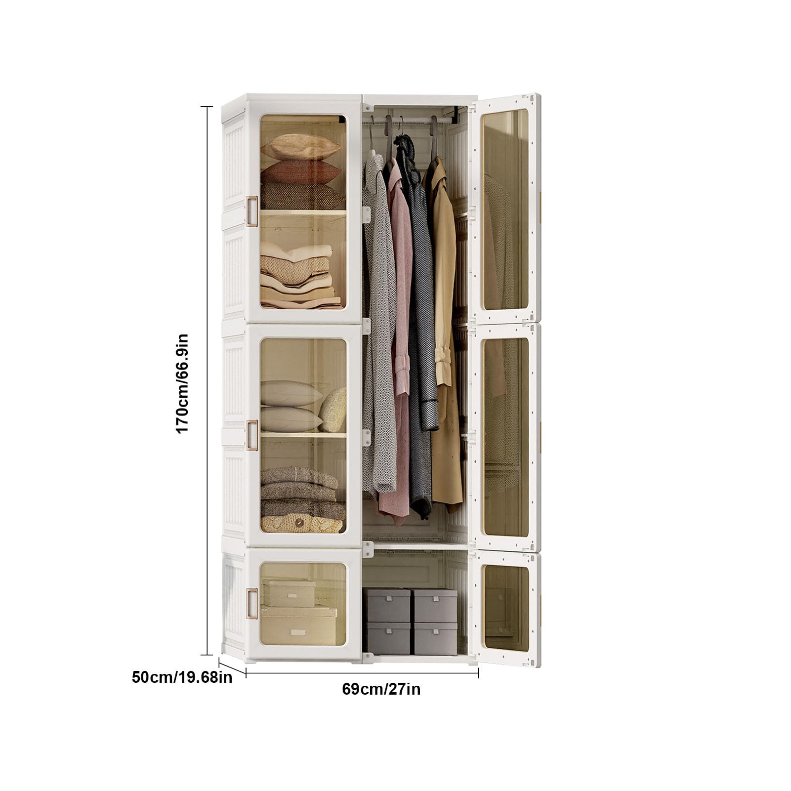 Generisch Kleiderschrank Faltschrank, Tragbarer Schlafzimmerschrank, 170x69x50 cm, Faltbarer Mehrzweckschrank mit magnetischen transparenten Türen, 1 Aufhängestange, für Wohnzimmer Schlafzimmer, weiß