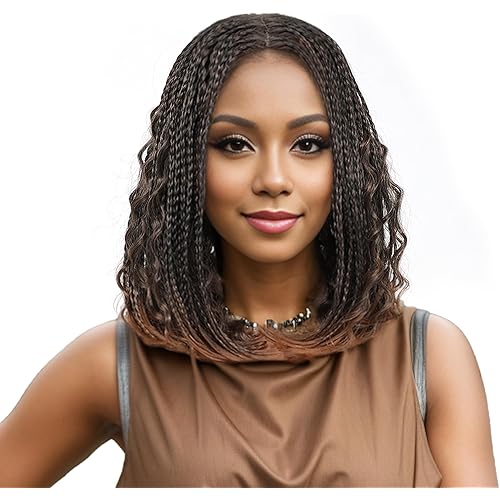 Braids Wigs for Black Women Bob Braided Wig with Free Tress 14 Inch Curly Goddess Box Braids Wigs Synthetic Hair #30 Brown Color Fake Scalp Short Bob Wigs