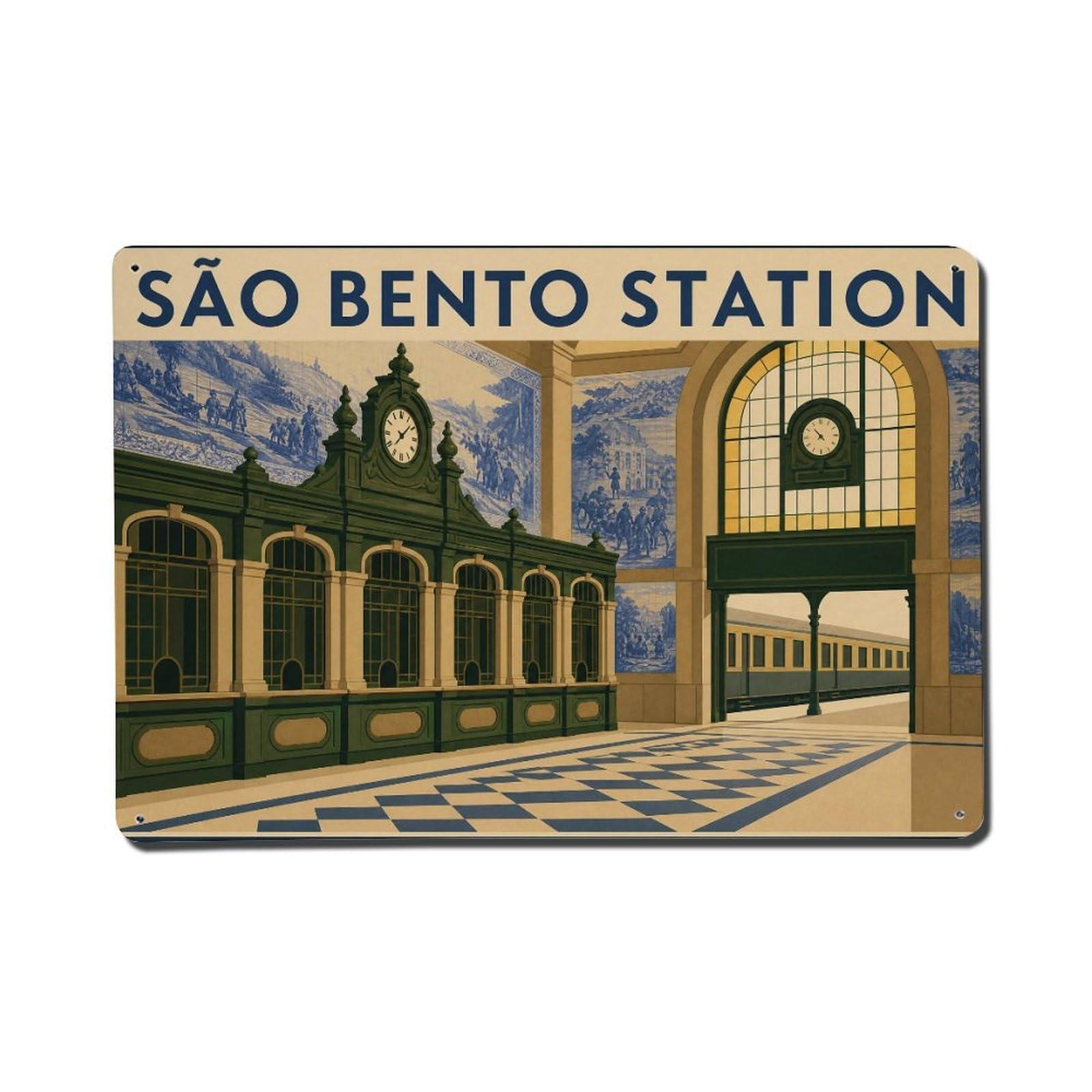 Huiyhb 8X12inch(20X30cm) Vintage Travel Sao Bento Ticket Hall Historic Interior Portugal Metal Tin Sign