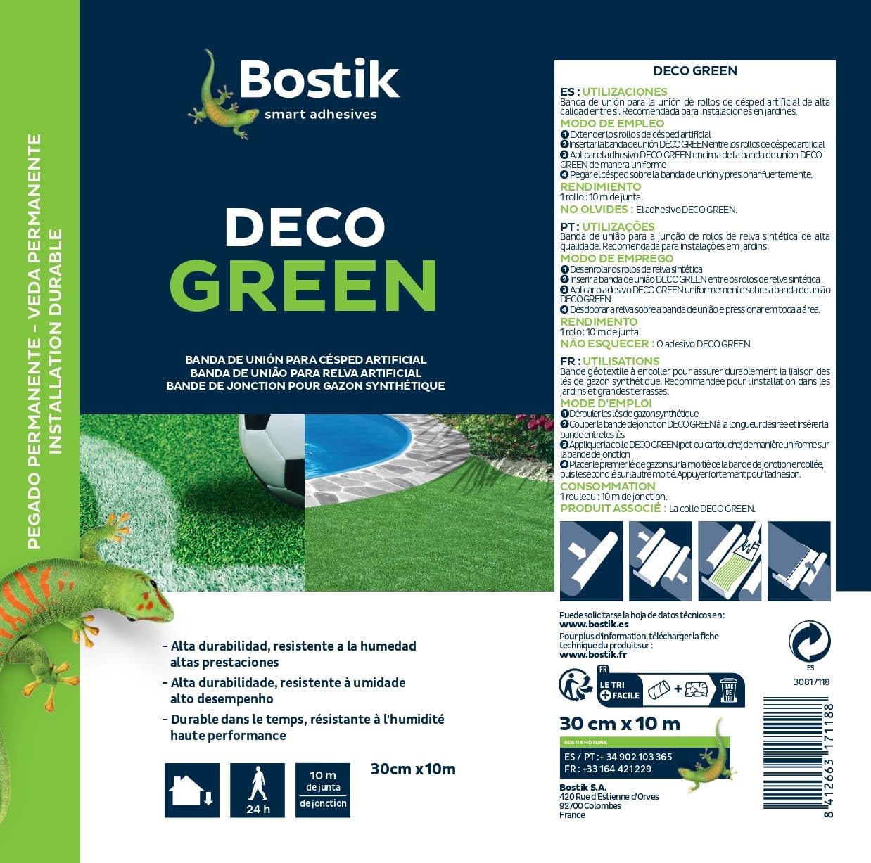 Bostik, Banda de Unión Deco Green, Banda Para Unión Para Instalación de Césped Artificial, 10m x 30cm Blanco
