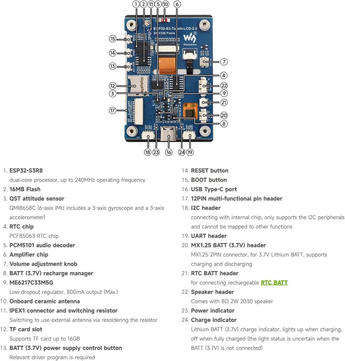 Waveshare ESP32-S3 2.8inch Display Development Board, 240×320, IPS, 32-bit LX7 Dual-core Processor, Up to 240MHz Frequency, Supports WiFi & Bluetooth, Without Touch Function