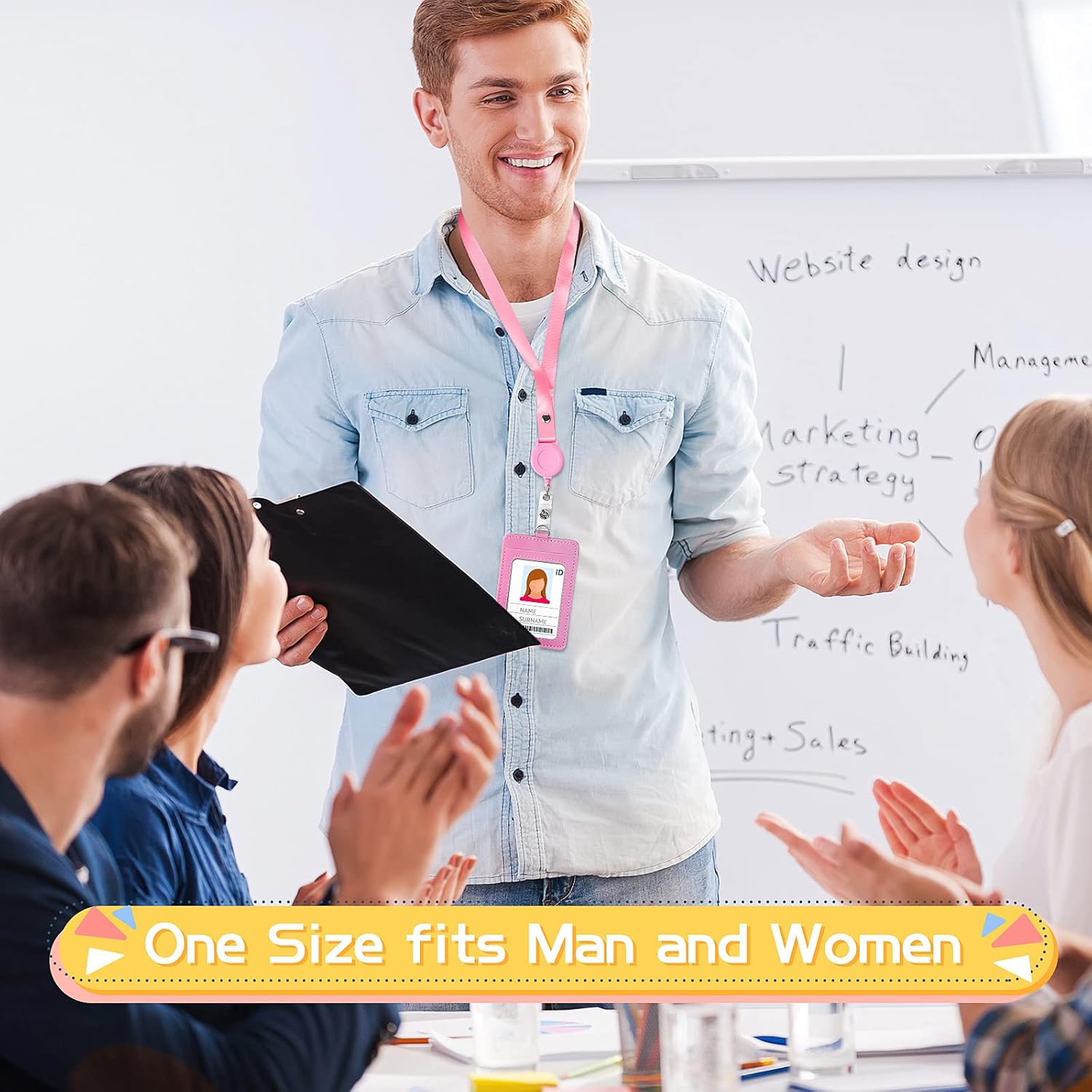 12 Sets ID Holder Badge with Lanyards Retractable Name Badge Reel PU Leather Waterproof Clear Card Holder with 1 Transparent ID Window 1 Credit Card Slot for Women Men Nurse School Office (Vertical) - Image 6