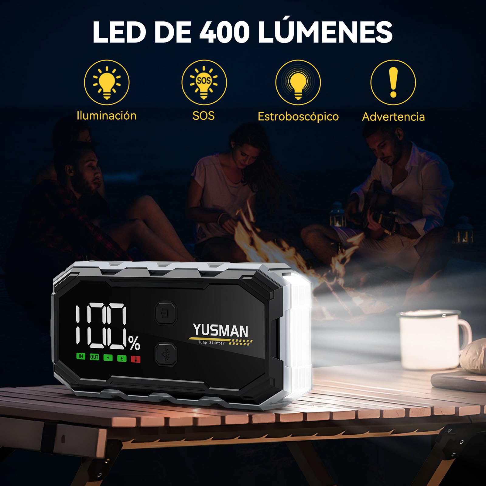 YUSMAN Arrancador de Coches,6000A Arrancador de Baterias de Coche, 12V Arrancador de Coche Portátil con para 8L Gasolina o 6L Diesel, Linterna LED de Emergencia,Carga Rápida,Pantalla LCD Extragrande