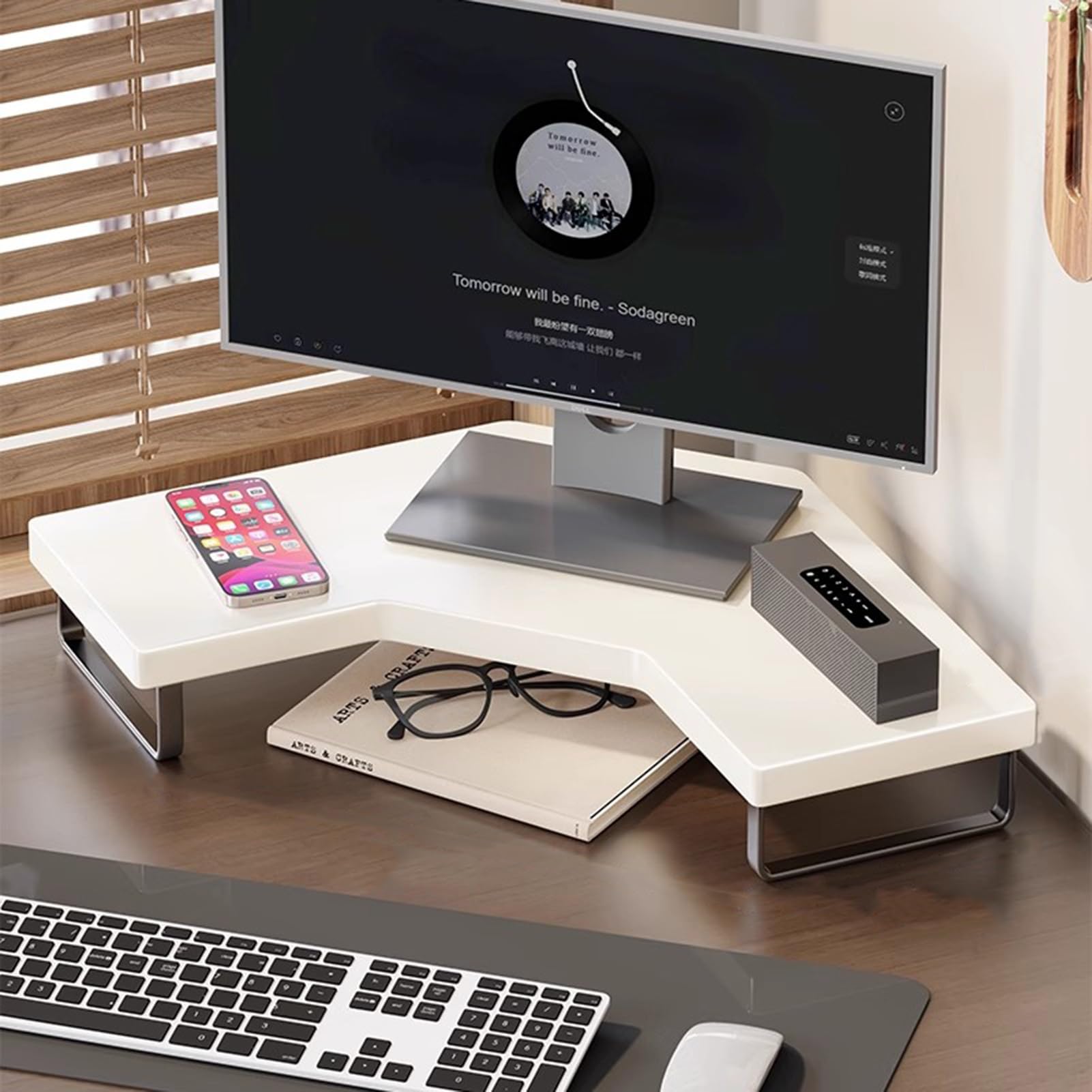 Blazea White Modern Monitor Stand Riser For Desk, Space Saving Corner Monitor Shelf With Metal Legs, Computer Screen Printer Keyboard Table Storage Rack(White)