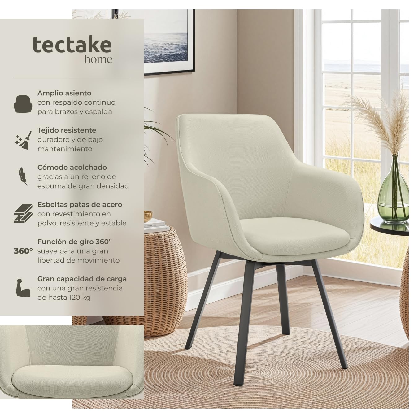 tectake® Silla Giratoria con Reposabrazos, Tapizada y con Acolchado de Alta Densidad, Patas de Acero 360°, Antideslizante, Montaje Rápido, Ideal para Comedor, Cocina y Dormitorio - 2 Sillas Beige