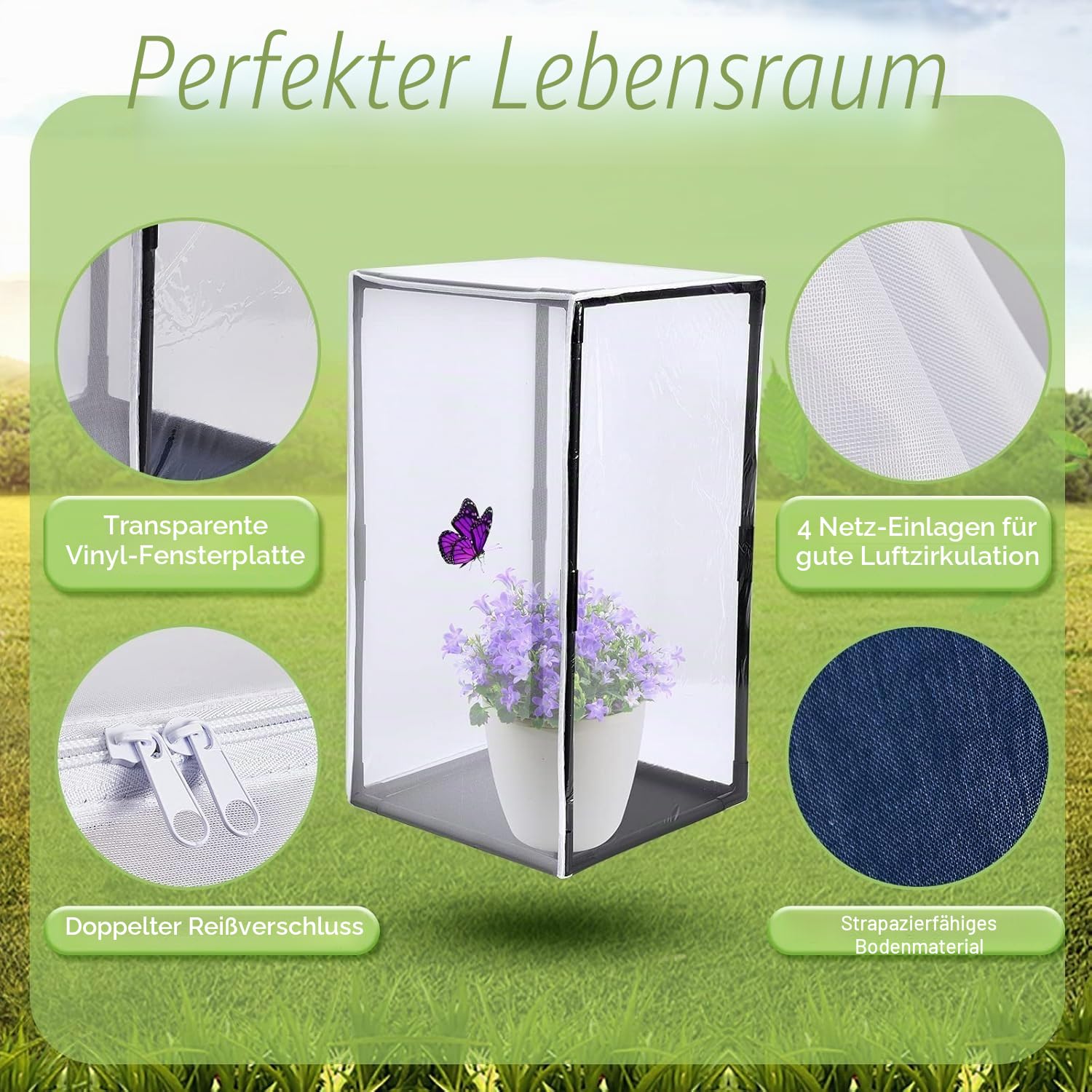 Tragbarer Insektenkäfig aus Netzgewebe für die Zucht im Freien, großes PVC-Rohr für stabilen Halt, 42 x 76 x 122 cm