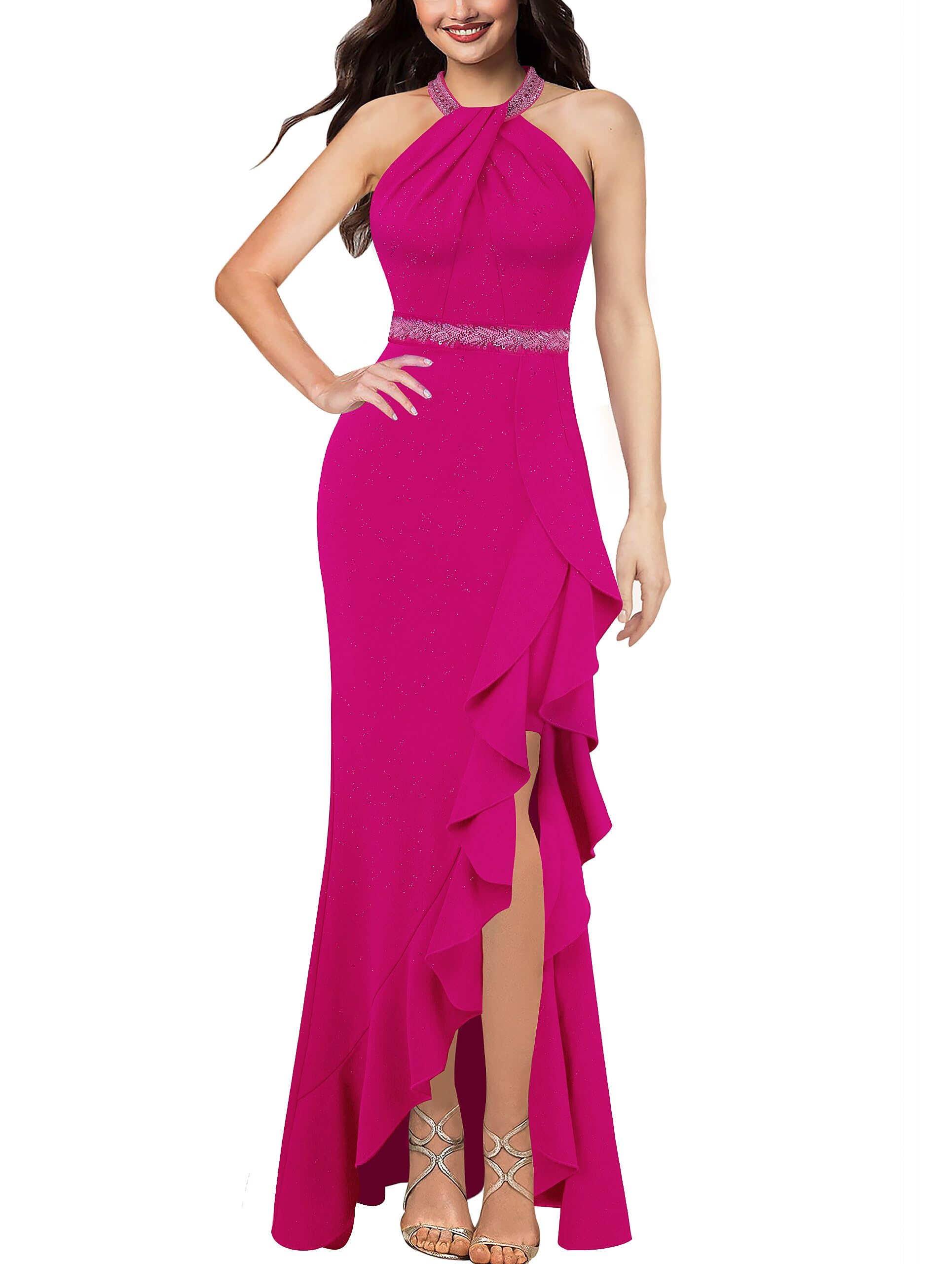 VFSHOWWomens Halter Neck Pleated High Split Formal Evening Party Maxi Long Dress