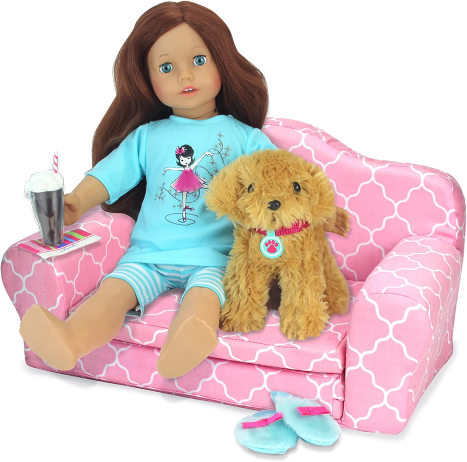 Sophia's 2-in-1 Plush Lightweight Moroccan Print Pull-Out Sofa Couch Converts to a Bed, Fits Two 18 Inch Dolls, Light Pink