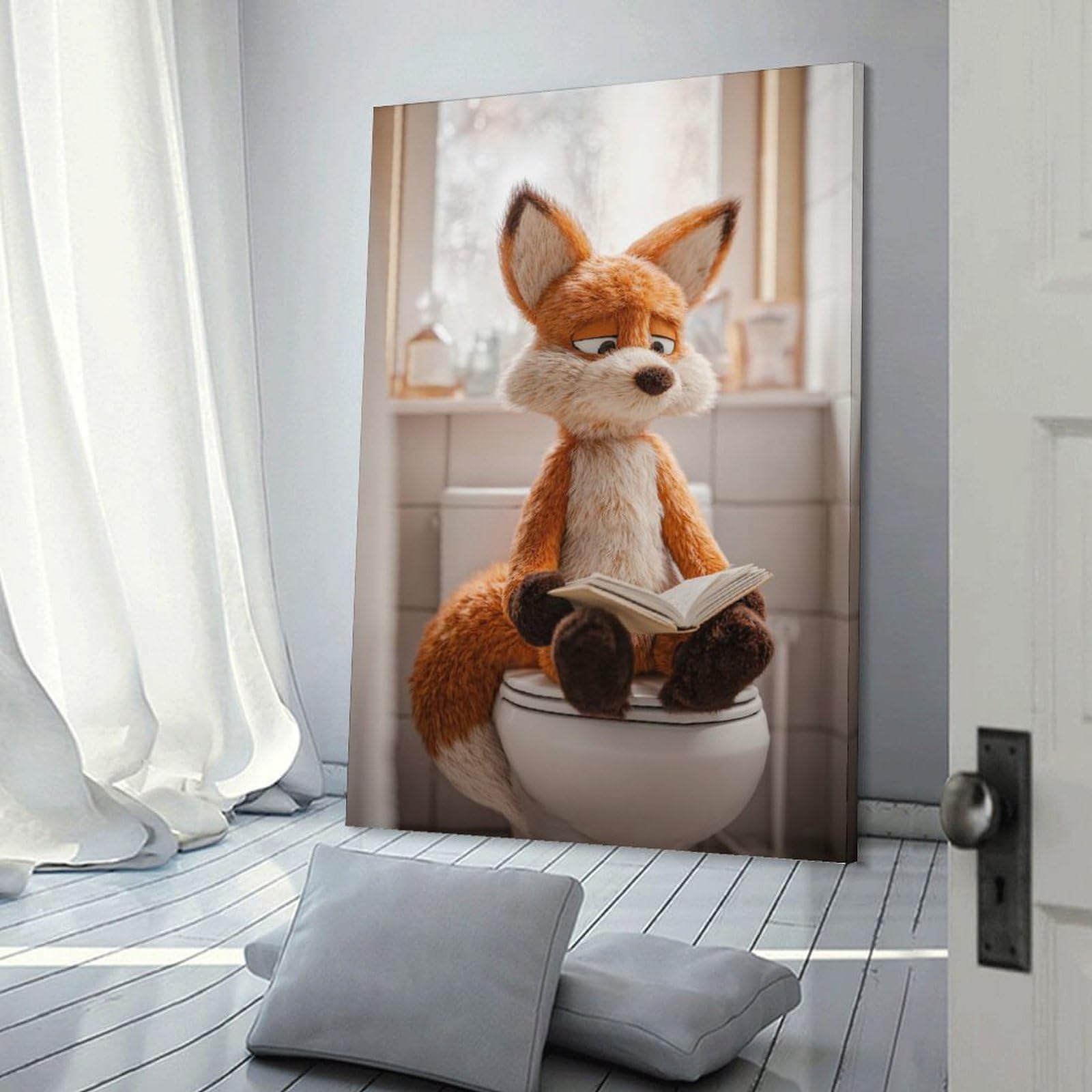 Junmoney Fox Reading A Book on A Toilet Canvas Wall Picture 24x36inch(60x90cm), for Entryway, Lounge Links Or Small Walls, Decorative Canvas Styling for Entry Areas