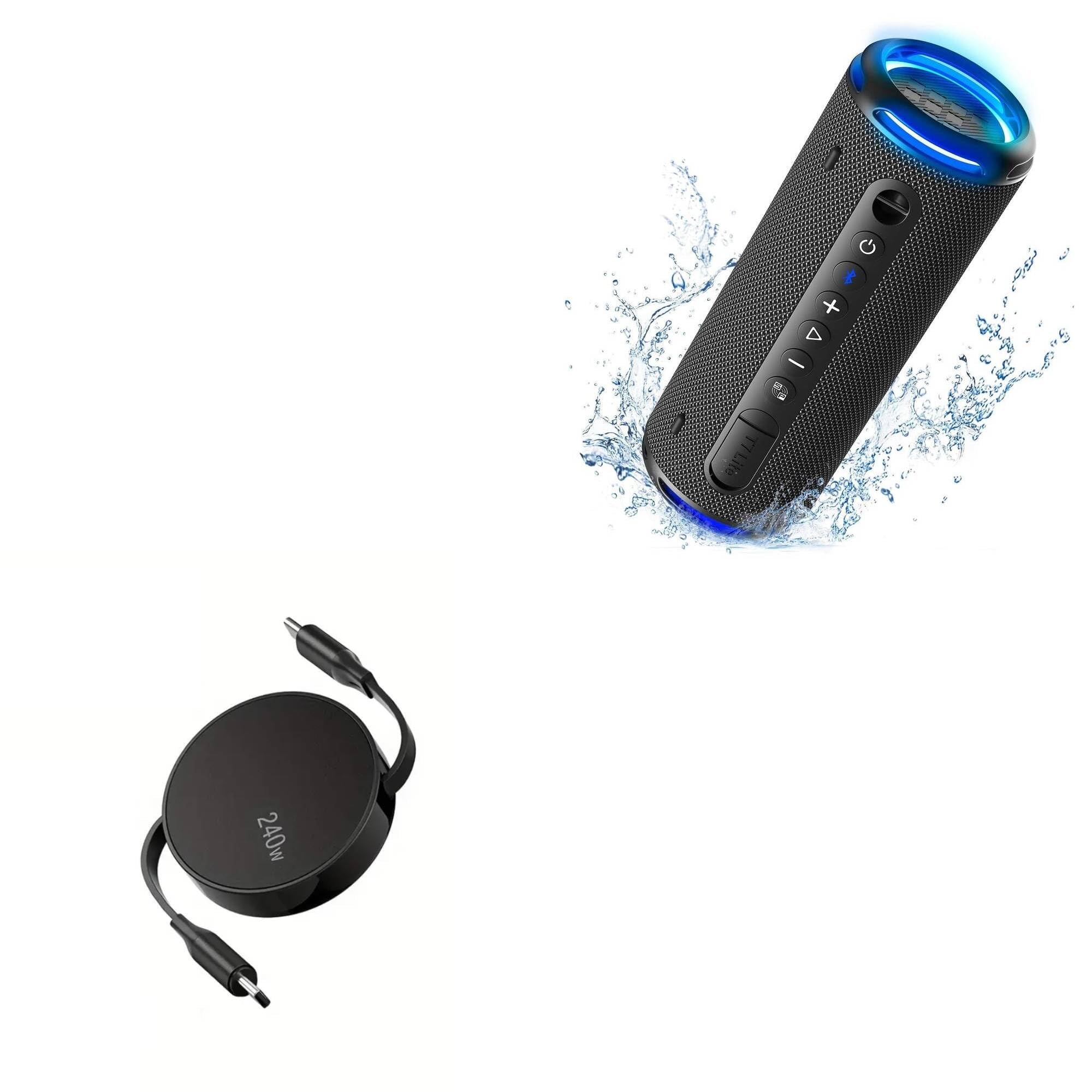 BoxWave Cable Compatible with Tronsmart T7 Lite Portable Outdoor Speaker - PD miniSync (240W), Retractable PD 240W Portable USB Type-C Cable - Jet Black