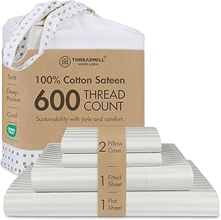 Threadmill Home Linen Bedding Collection Bettlaken-Set, Fadenzahl 600, 100% ELS-Baumwolle, Damast, gestreift, Saumstich-Bettwäsche, 4-teiliges Set, Bettlaken, glattes Satingewebe, Voll, Silber