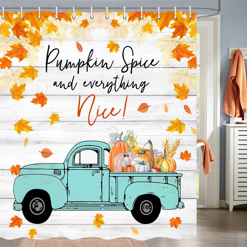 Duschvorhang Herbst-Design – Sonnenblumen & Kürbisse, 180x180 Cm, Wasserdicht | Mit 12 Haken