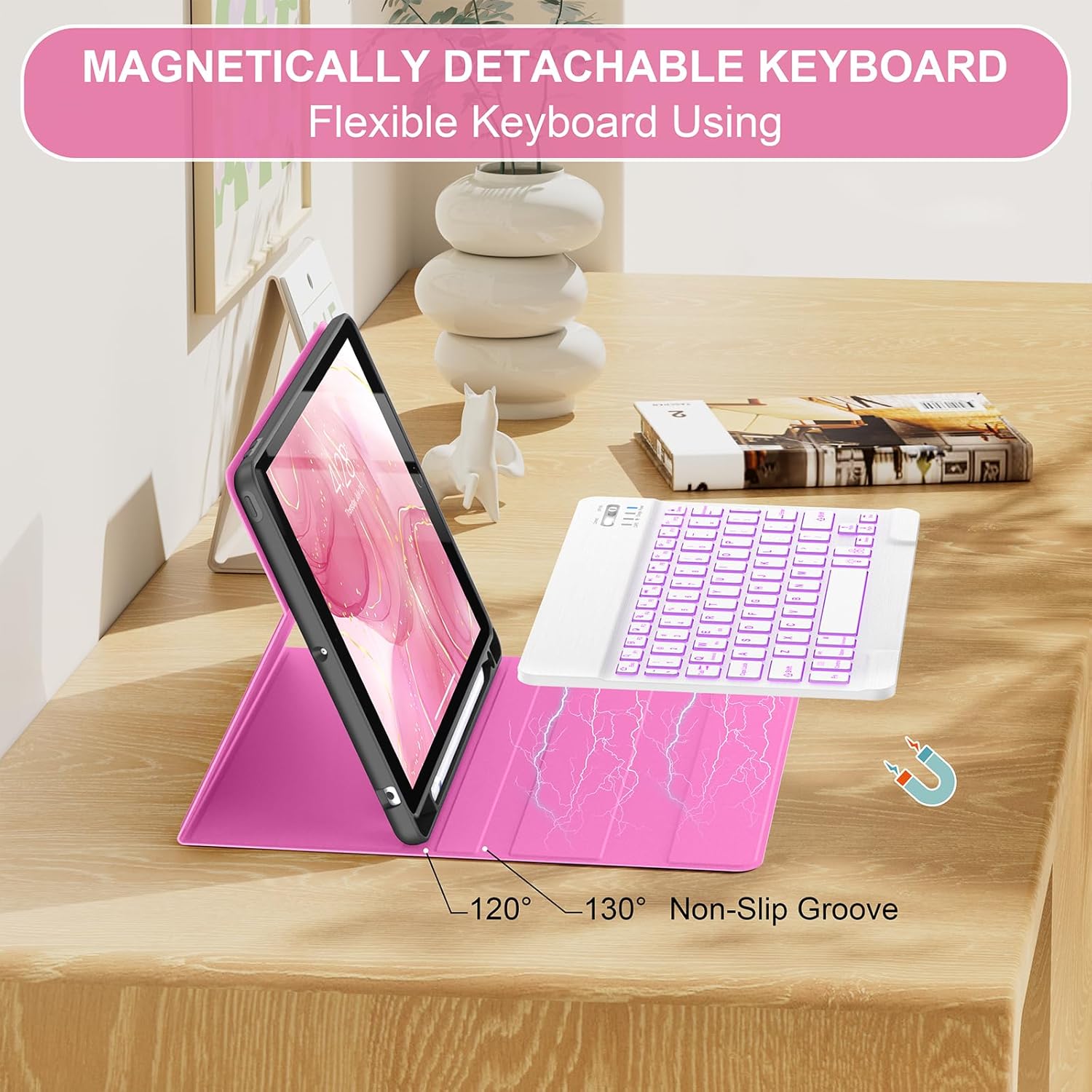 Soke for iPad 9th/8th/7th Generation Case with Keyboard 10.2 Inch-7 Color Backlitght Magnetic Wireless Detachable Folio Keyboard Cover with Pencil Holder for Apple iPad Gen 9/8/7, HotPink Marble