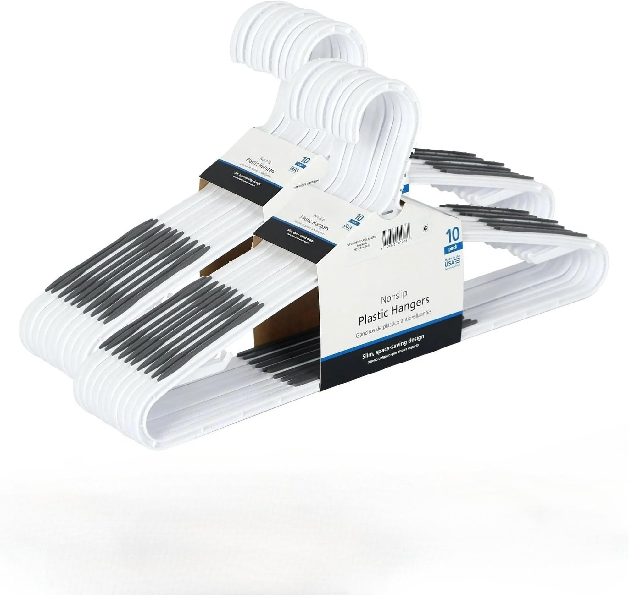 (2 Pack) Non-Slip Clothes Hangers, 10 Pack, White, Durable Plastic, TPE Strips