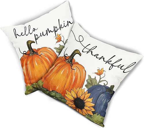 Miniatura 2 de Juego de 2 fundas de almohada de calabaza azul de 18 x 18 pulgadas, juego de 2 fundas de almohada de algodón y lino cuadrado para decoración de