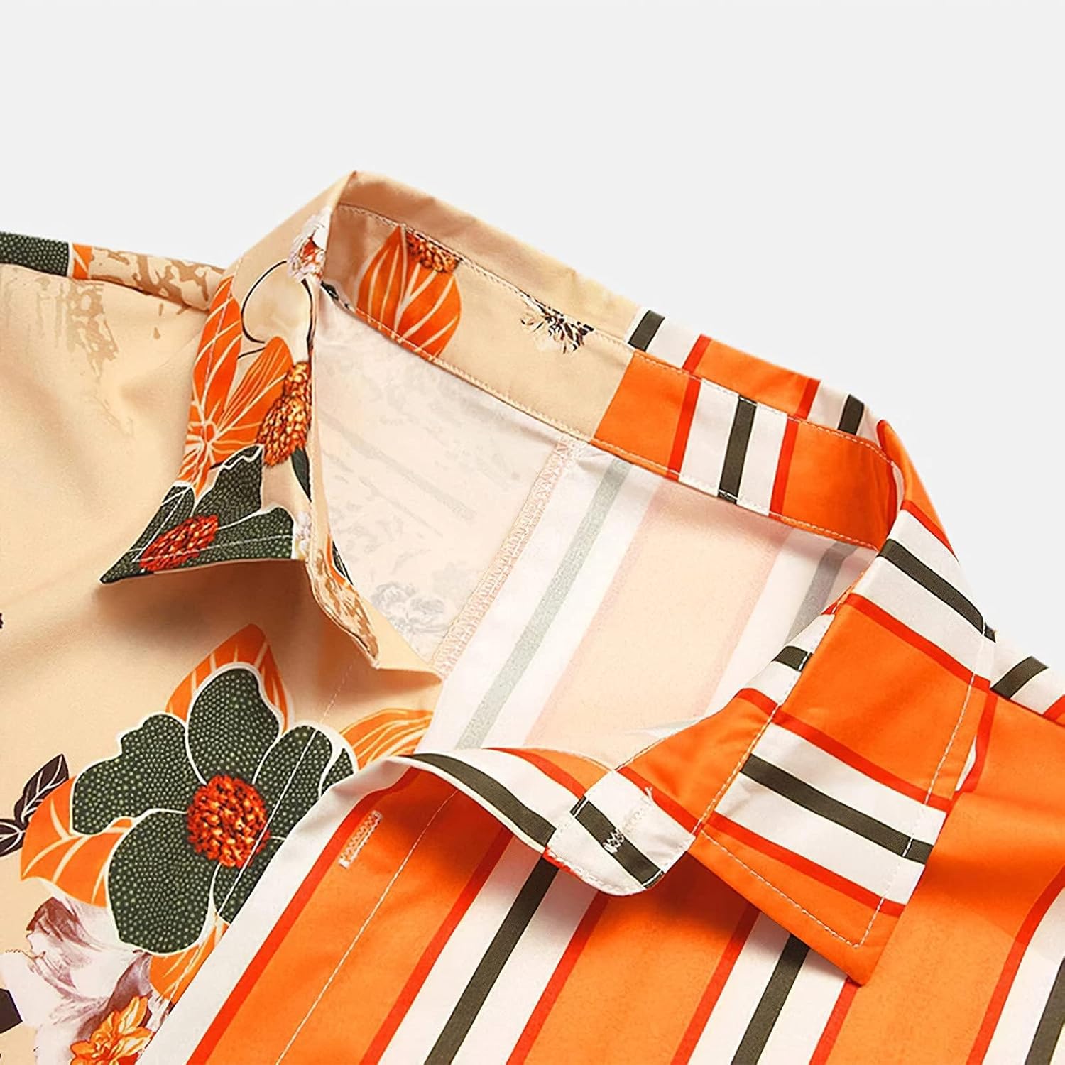 Mens Short Sleeve Button Down Shirt Casual Summer Striped Shirts Patchwork Hawaiian Print Beach Top - Image 4