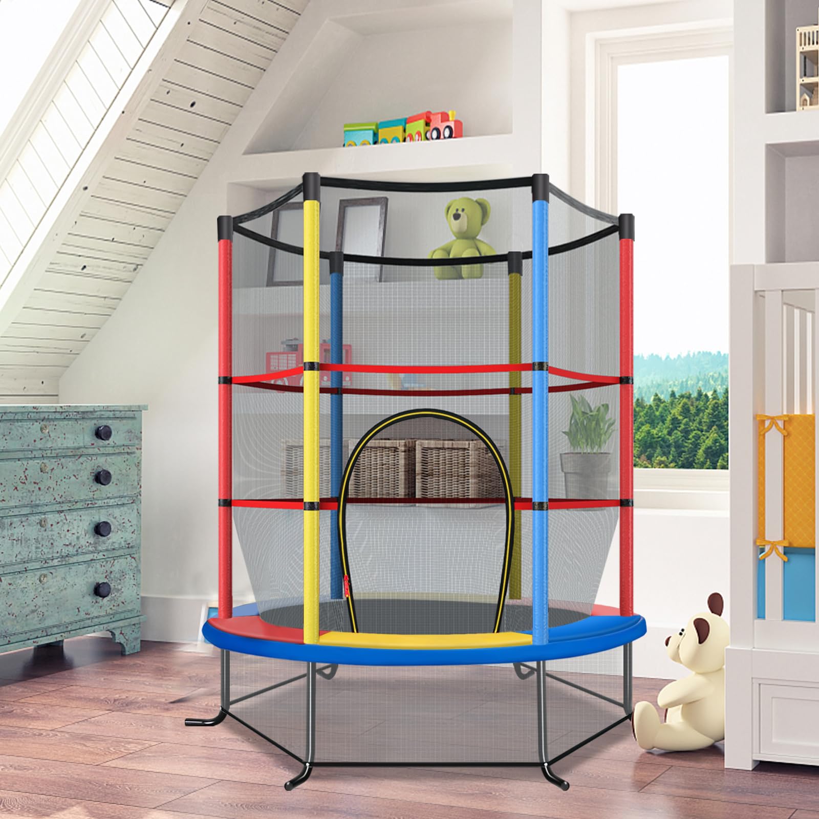 COSTWAY Trampolino Elastico Bambino in Acciaio, Tappeto Elastico Bambini da Esterno e da Interno, con Rete e Cusicnetti Antiscivolo