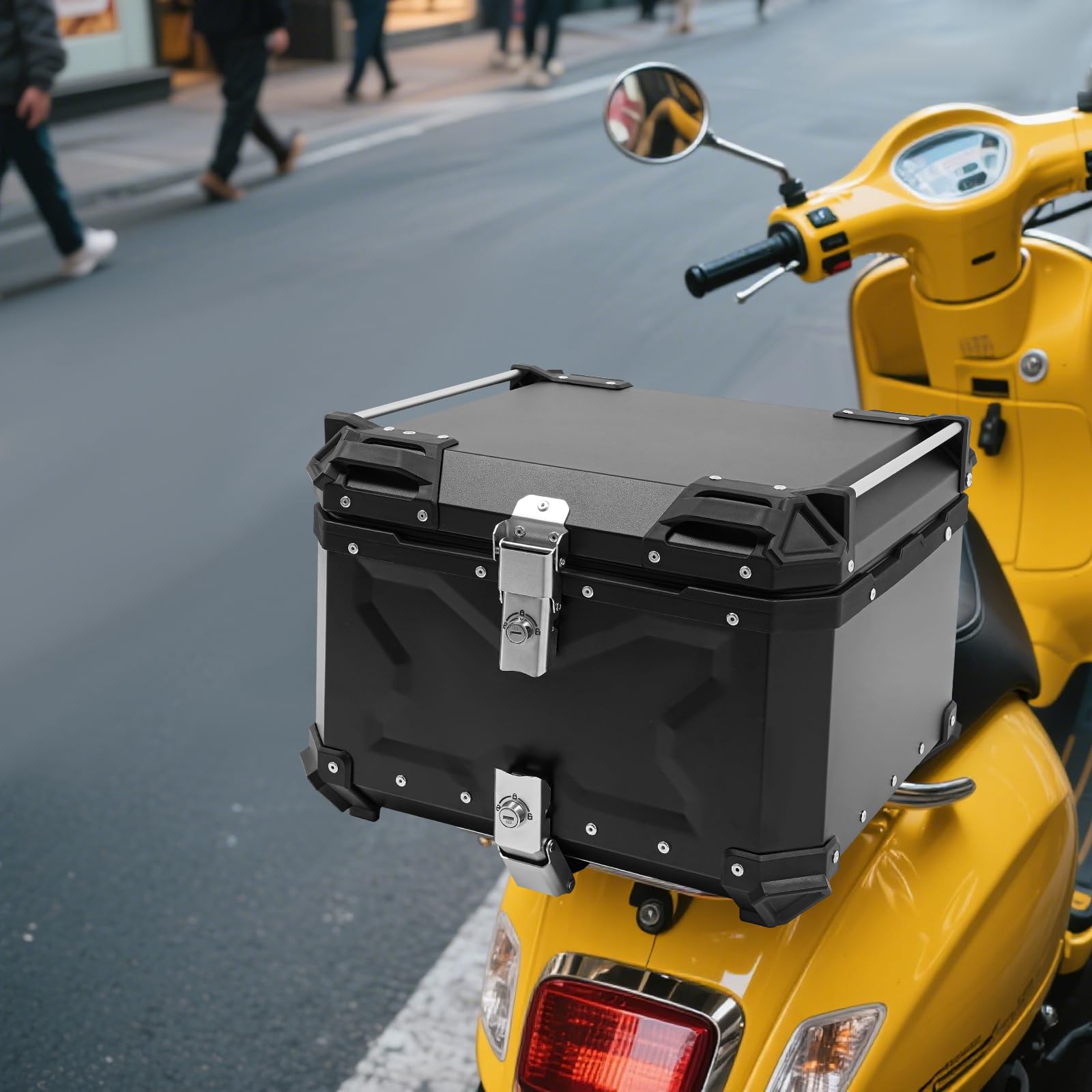 55L Motorrad Topcase, Wasserdichter Motorradkoffer aus Aluminiumlegierung mit Sicherheitsschloss, Universal Motorrad-Heckbox für Helme, Kleidung & Reisegepäck, Schwarz