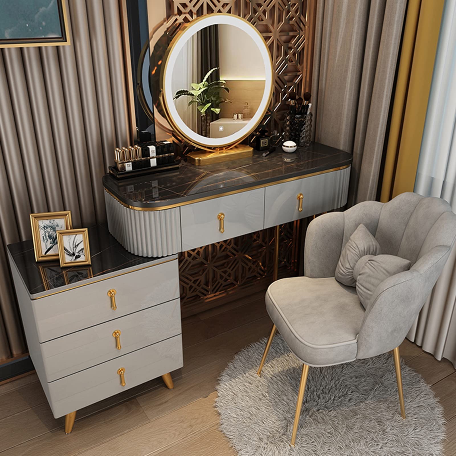 asdchZen Modern Vanity Desk With 360°Swivel Mirror, Makeup Table With Drawers & Nightstand, Adjustable Brightness & 3 Color Modes, Stylish Dressing Table,Gray C-120cm/47.2in