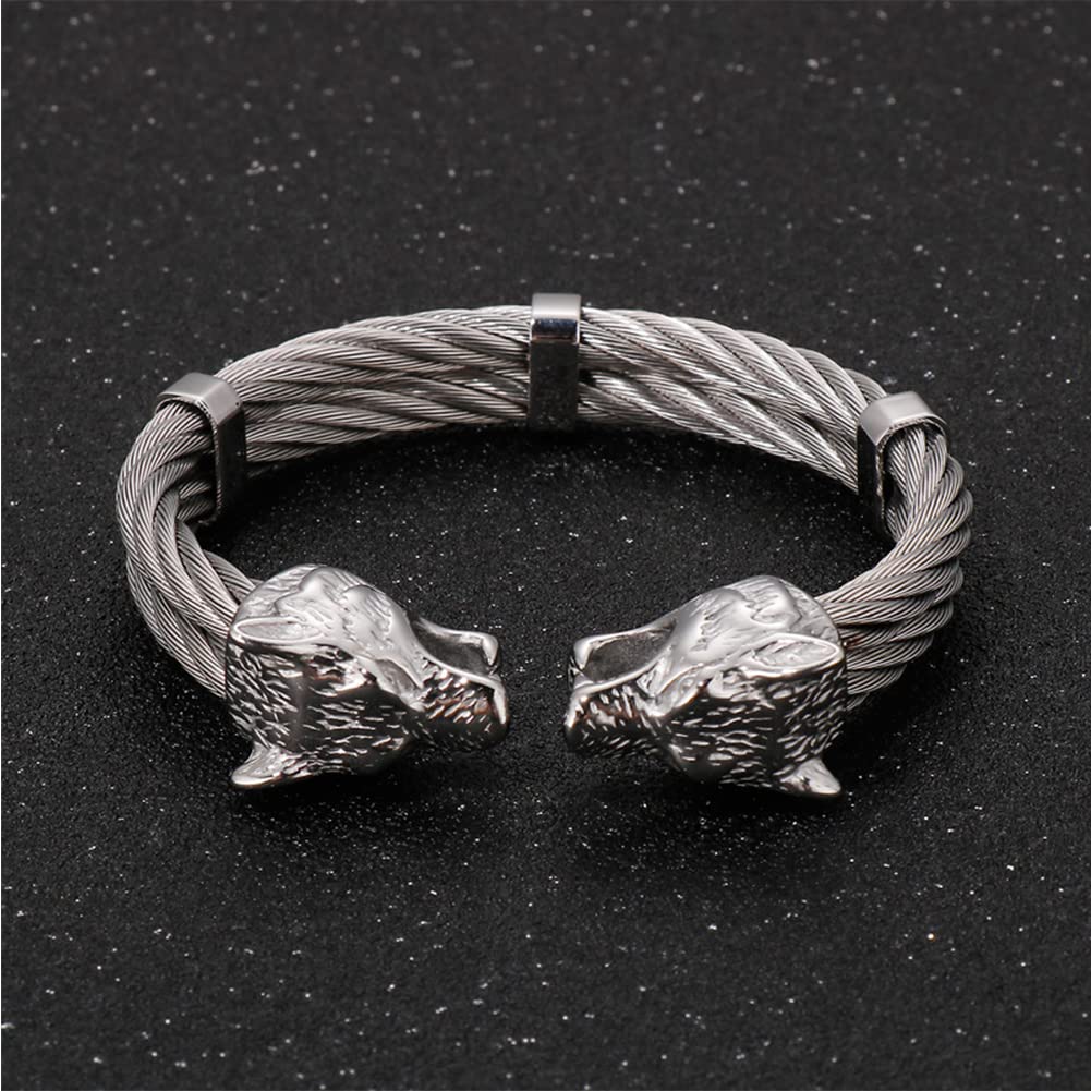 Brazalete de Plata esterlina, Pulsera Retro, Cabezal de Lobo para Hombres, Brazalete de Brazalete con Brazalete retorcido de Brazalete, Biker Punk de Acero Inoxidable de Biceps de muñeca bisa