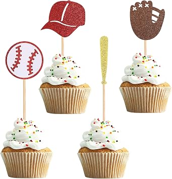 24Pcs Baseball Cupcake Toppers Glitter Baseball Cupcake Picks Baby Shower Kids Birthday Party Sport Theme Cake Decorations Supplies