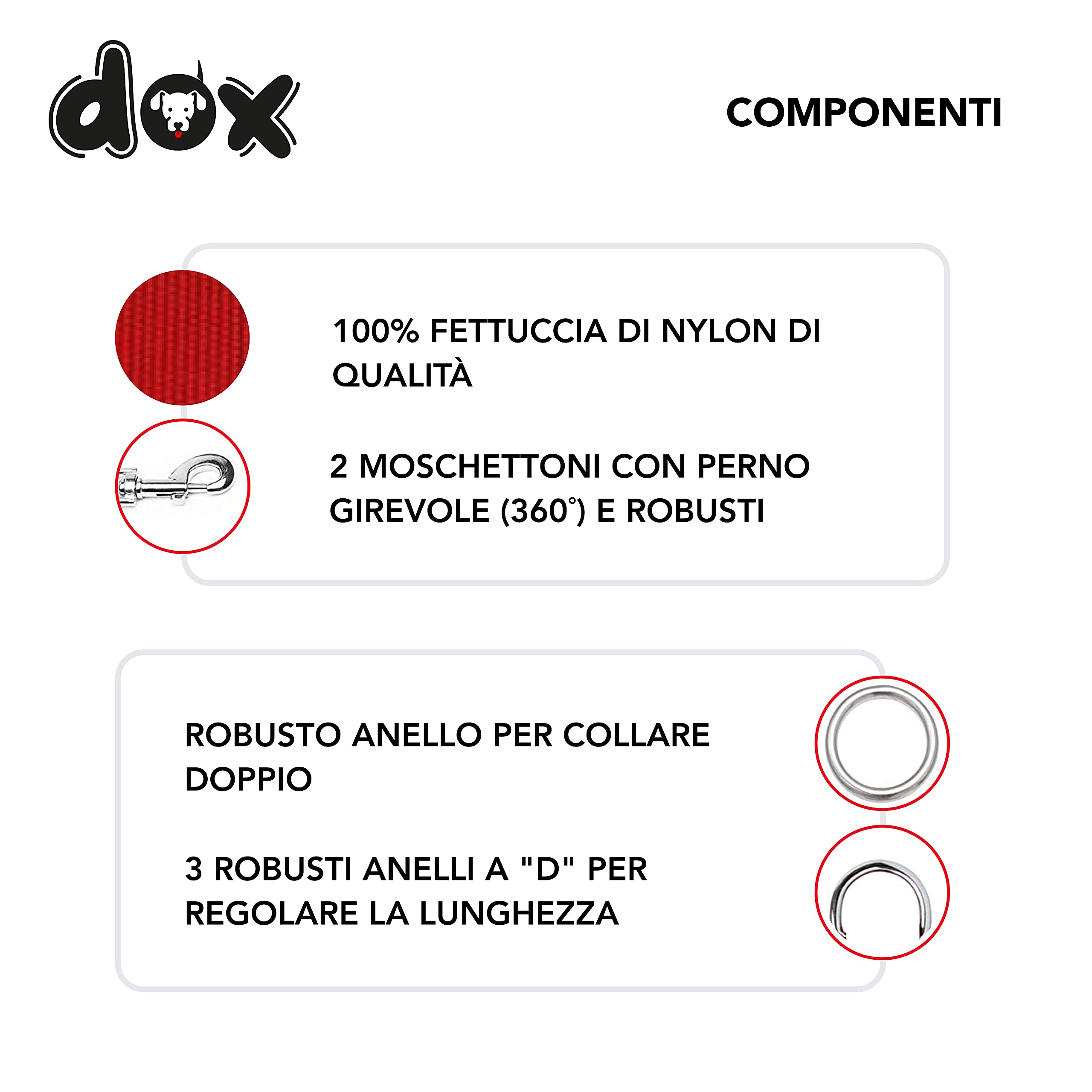 DDOXX Guinzaglio Addestramento per Cani in Nylon, Regolabile in 3 Modi, 2m | Cani Piccoli e Grandi | Doppio Guinzaglio Gatti Cani Cuccioli | Accessori Cani | Rosso, M