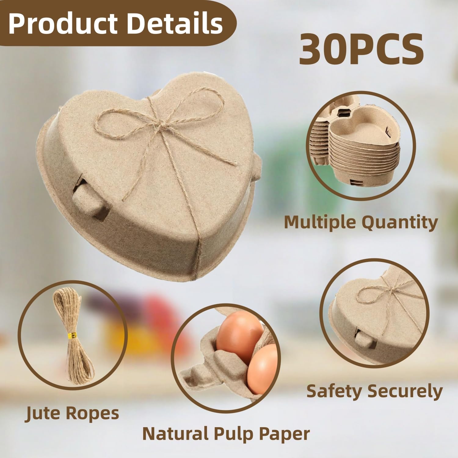 3 Cajas para Huevos de Gallina, Hueveras Carton con Tapa y Cuerda de Yute, Bandeja para Huevos con Forma de Corazón, para Almacenamiento, Transporte, Suministros para la granja y Regalos(30 unid.)