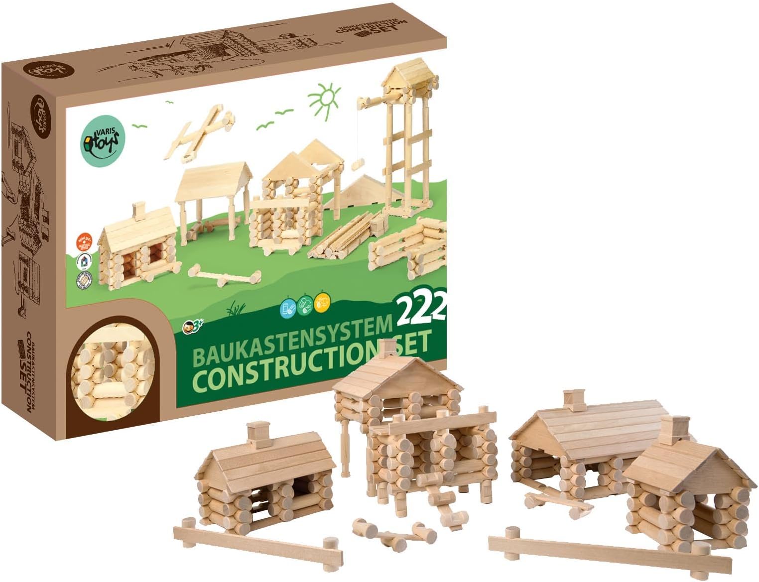 KSM Toys Varis 222 Piece Traditional All Wood Log Construction Toy with Endless Combinations (Made in Latvia)
