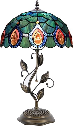 Tiffany Lámpara de mesa, lámpara de escritorio estilo vitral, 12 x 12 x 19 pulgadas, luz de lectura de noche, base de hojas de metal (cristal marrón)