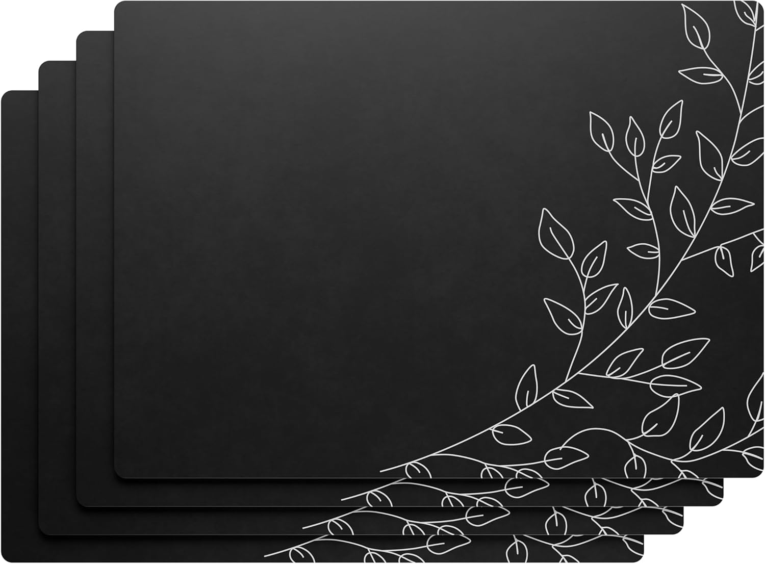 Royalty Art Black Boho Placemats, 4 Pc. Set, Non-Slip Cork Backed, Wipeable Heat Resistant Surface for Kitchen and Dining Table Protection, Cute Floral Pattern for Farmhouse or Rustic Decor