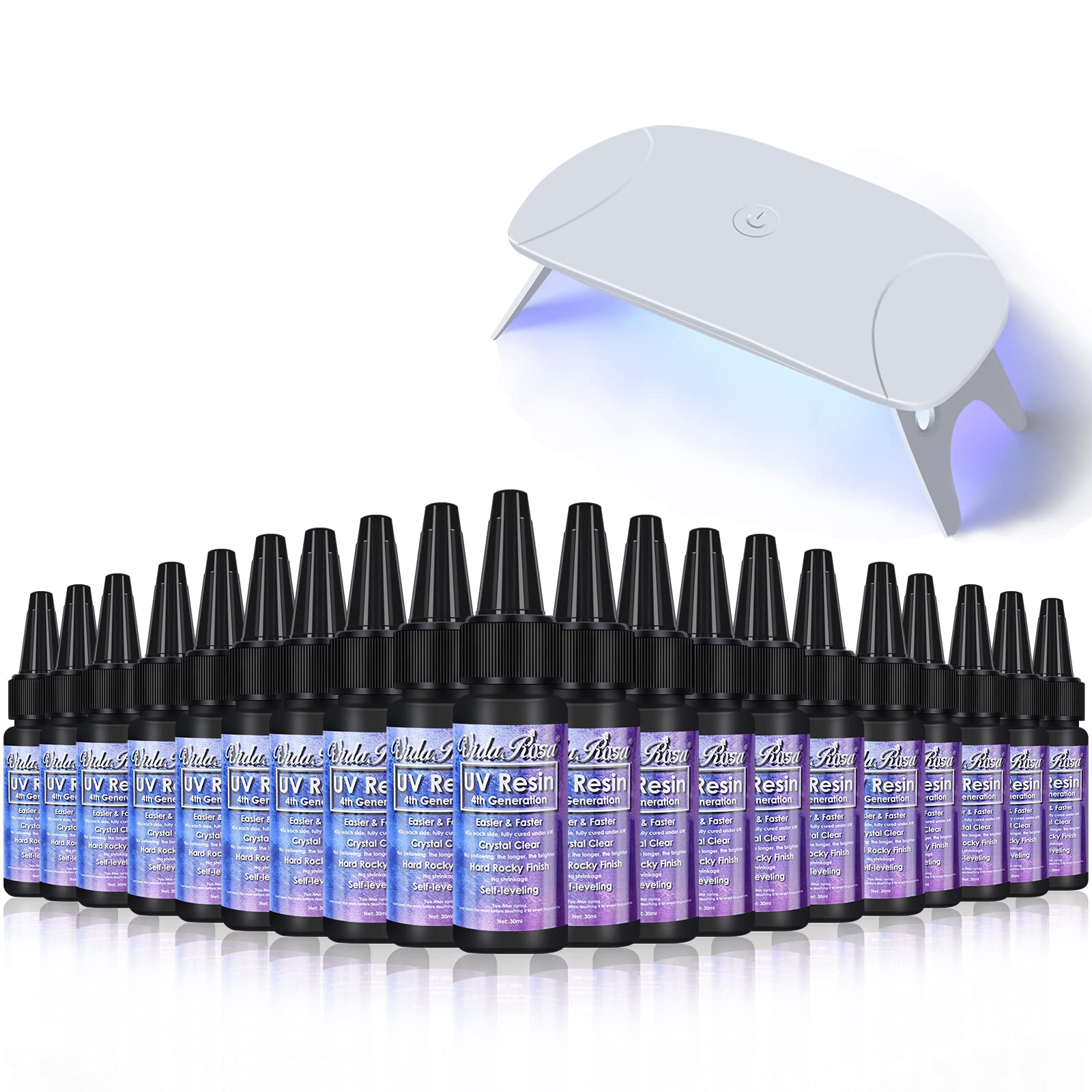 20x30ml Klares UV-Harz-Kit + tragbare Lampe, 45S SCHNELLSTE HÄRTUNG Neueste Formel, UV-Solarhärtender Epoxidharzkleber für Formen Schmuckherstellung Anhänger Ohrringe Armbänder Basteln DIY