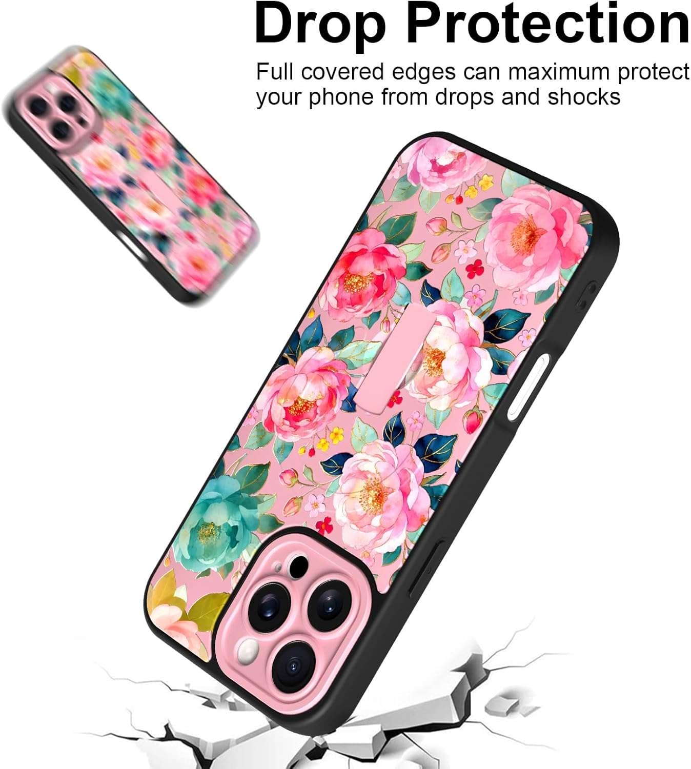 Magnetic Case for iPhone 16 Pro Max, Cute Peony Flower, Built in Wrist Strap Grip Hand Finger Kickstand Compatible with Magsafe Full Camera Protection Cover for Women Men, Pink