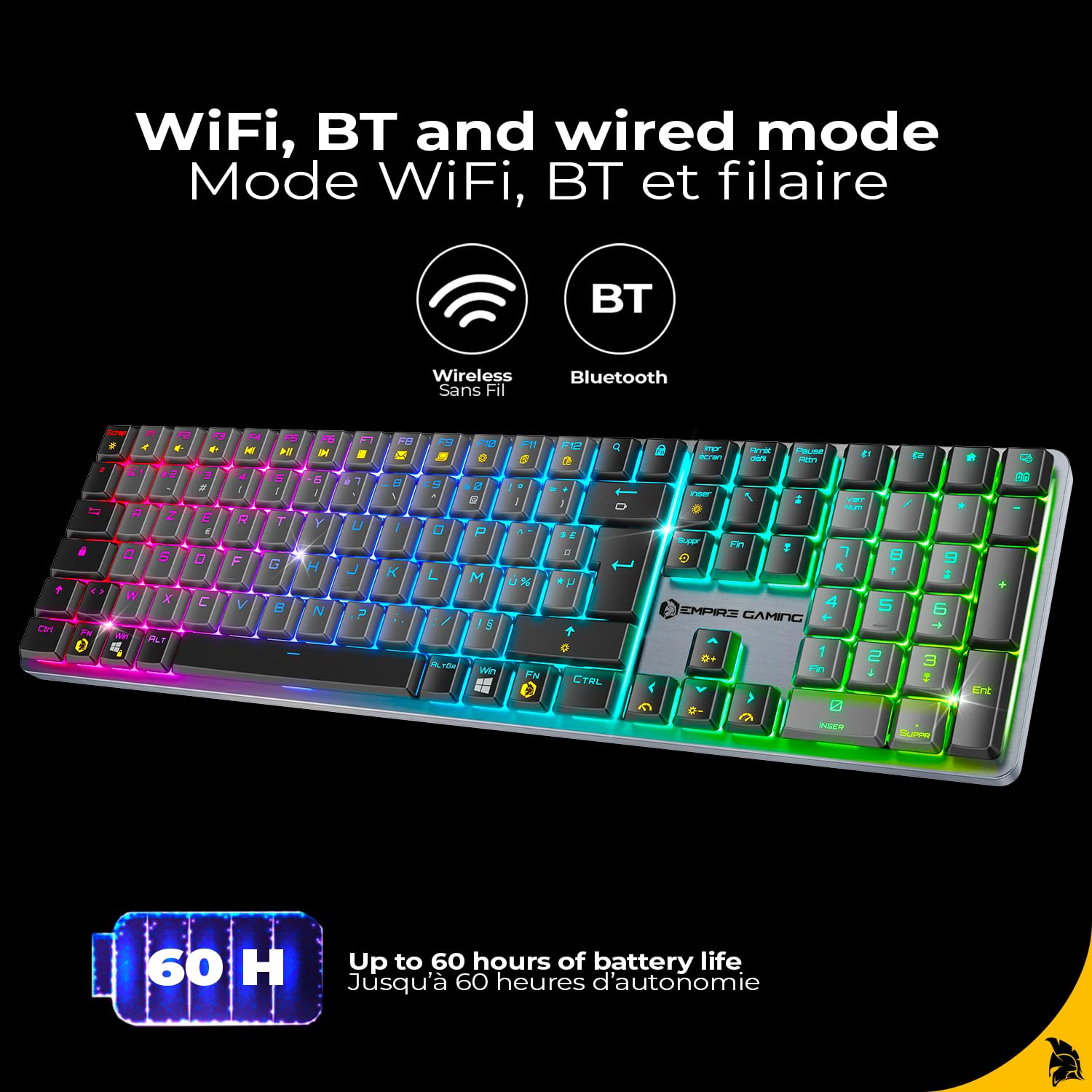 EMPIRE GAMING RF243 – Clavier Gaming Mécanique sans Fil Slim Low Profile en Aluminium,Rechargeable FR (AZERTY), Triple Mode (2,4GHz/BT/USB-C), 111 Touches MX Red, RGB, NKRO, Compatible PC/Mac/P5/P4/XB