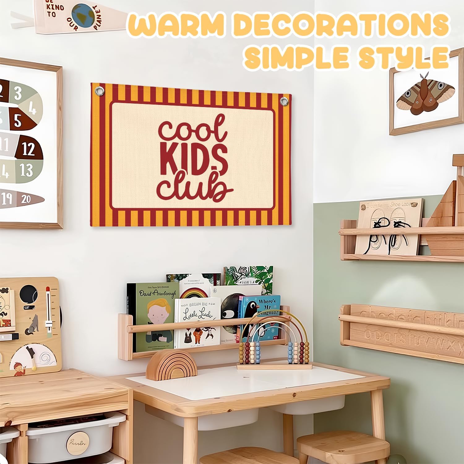 Boys Room Decor,Cool Kids Club Linen Canvas Banner, Orange Striped Wall Hanging,Playroom Decor Wall Flag Banner for Kids Room Nursery Toddler Boy Bedroom Classroom,Baby Shower Gifts 30x20 Inch image 3
