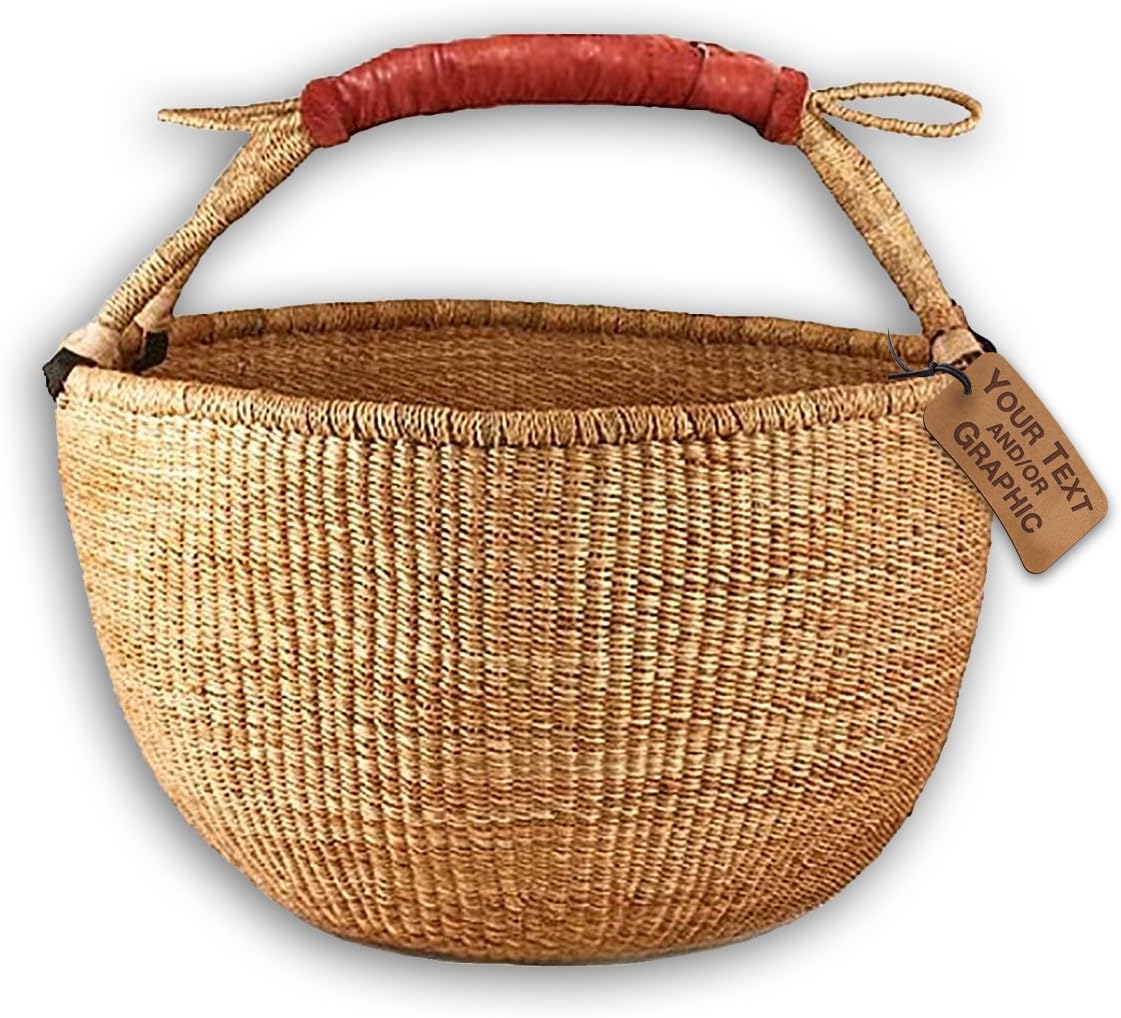 Bolga Market Tote Basket (Fair Trade) Natural Color XLarge w/ Leather Wrapped Handle