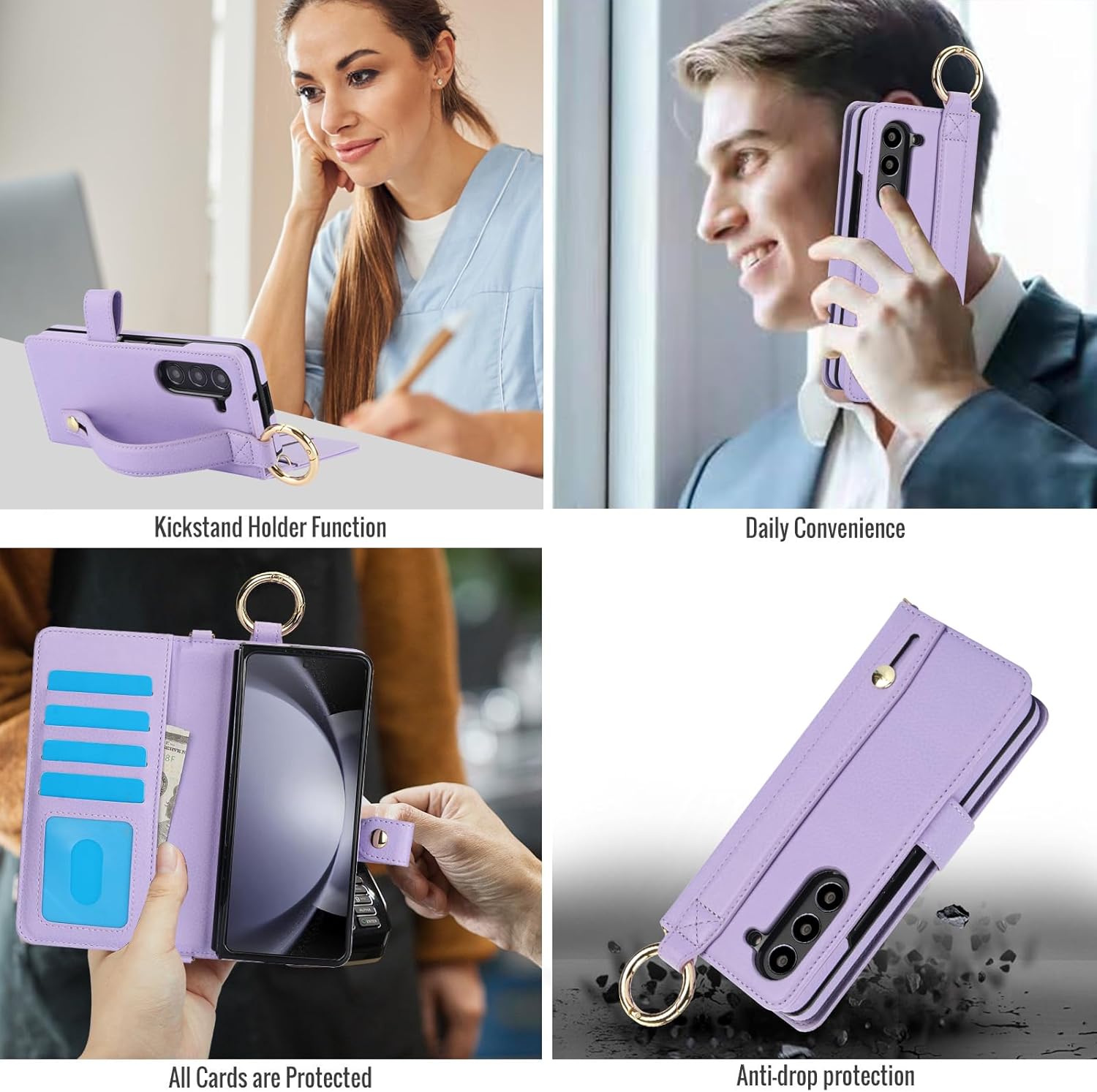 Asuwish Phone Case for Samsung Galaxy Z Fold 5 5G 2023 Wallet Cover with S Pen SPen Slot Credit Card Holder Stand RFID Blocking Slim Wrist Strap Cell Accessories ZFold5 Z5 G Fold5 5Z Women Men Purple