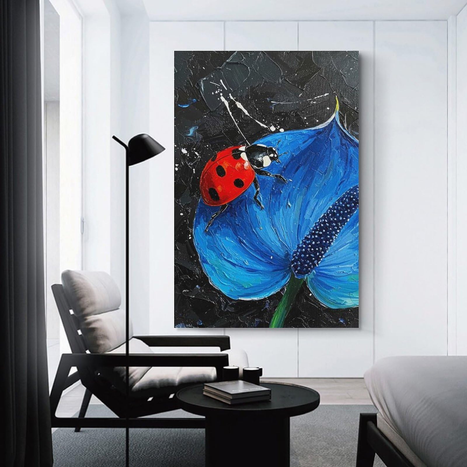 Junmoney Unframe-Style-24 Ladybug On Blue Anthurium Painting Canvas Wall Picture, 08X12inch(20X30cm), For Living Room, Bedroom Or Apartment Walls, Decorative Artwork For Empty Walls