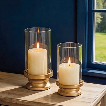NUPTIO Hurricane Candle Holder Gold Pillar Candle Holders with Clear Glass Sleeve - Set of 2 Decorative Brass Metal Pillars Stand for Dining Table Centerpiece Shelf Fireplace Mantel Decor