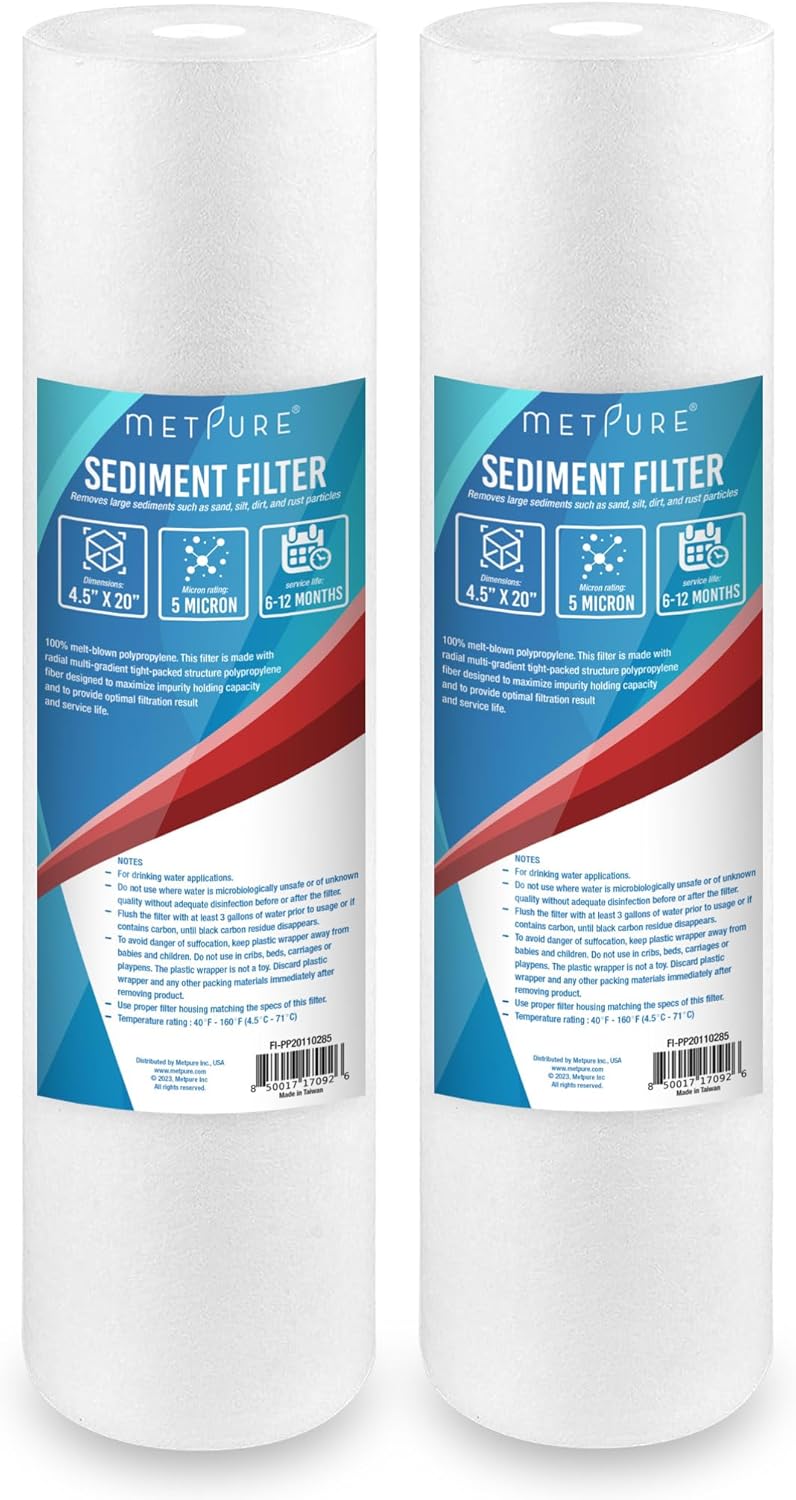 Metpure 20" x 4.5" Whole House Sediment Water Filter Cartridge - 5 Micron Melt-Blown Polypropylene 20-inch Water Filter Replacement. Compatible with Hydronix, Pentek DGD Series, and more. 2 Pack