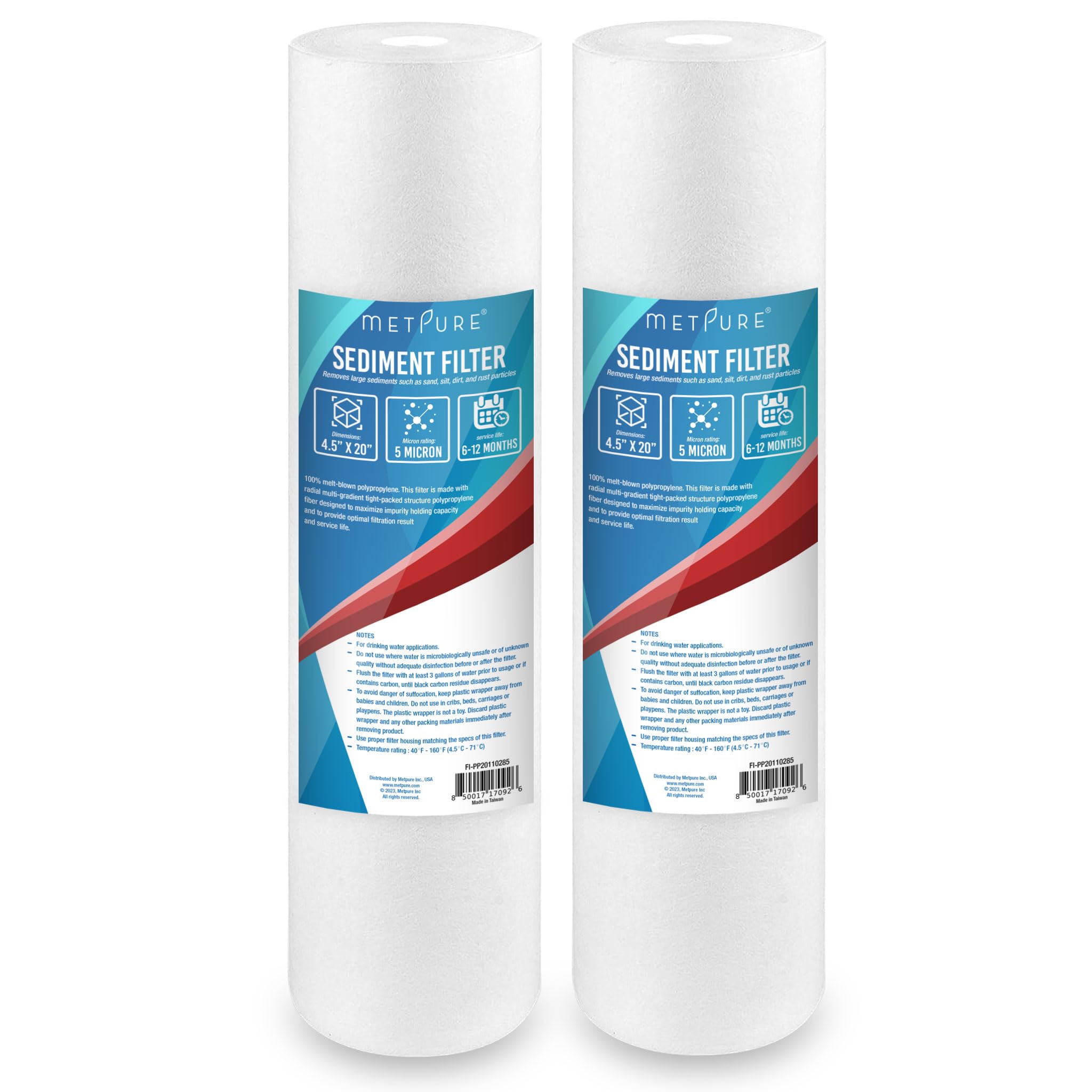 Metpure 20" x 4.5" Whole House Sediment Water Filter Cartridge - 5 Micron Melt-Blown Polypropylene 20-inch Water Filter Replacement. Compatible with Hydronix, Pentek DGD Series, and more. 2 Pack