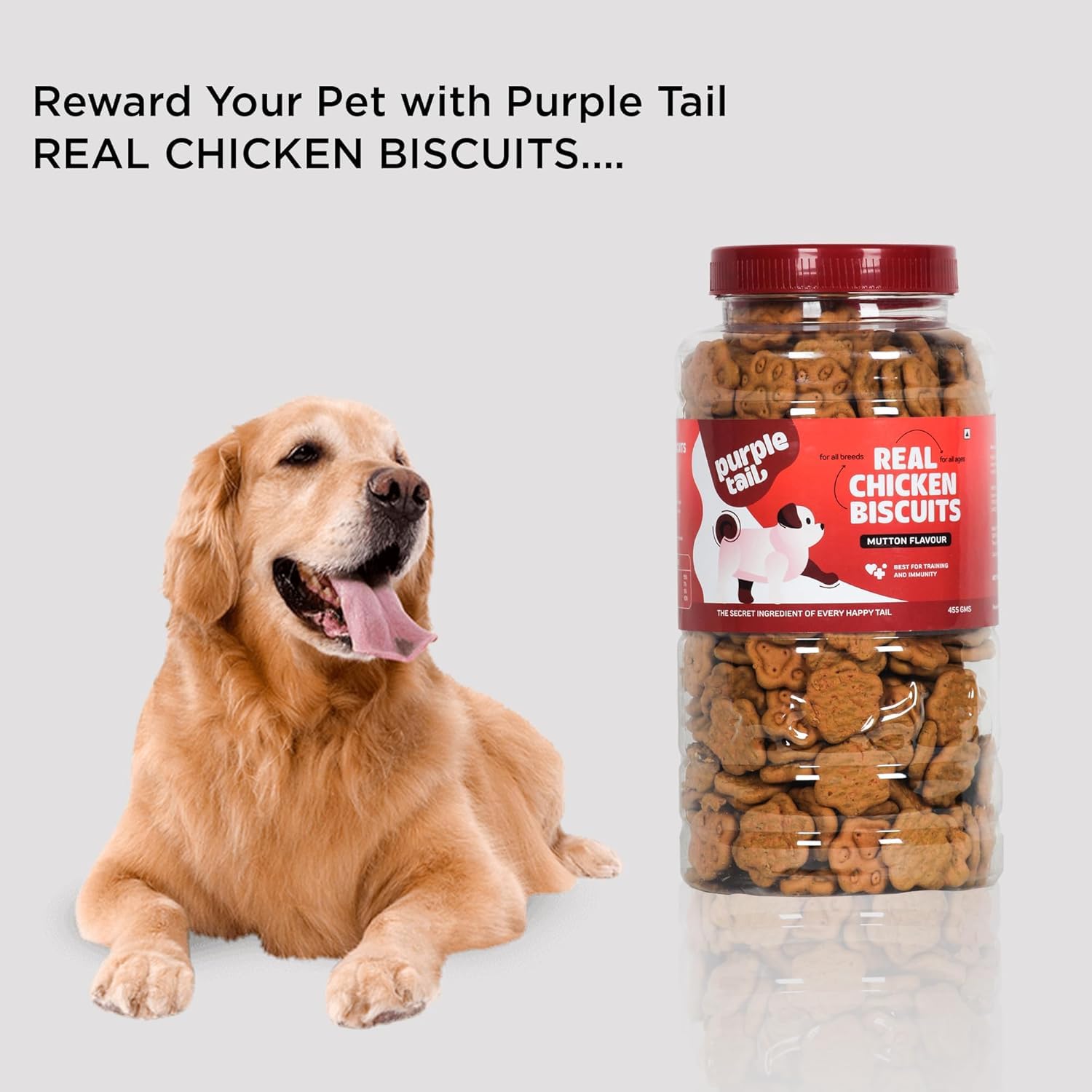 Purple Tail Real Chicken Dog Biscuits with Mutton Flavour | Honest Value, Real Meat | 910 g (Buy 455 g & Get 455 g Free) | Crunchy Bone Biscuits for All Breeds | Made in India 1