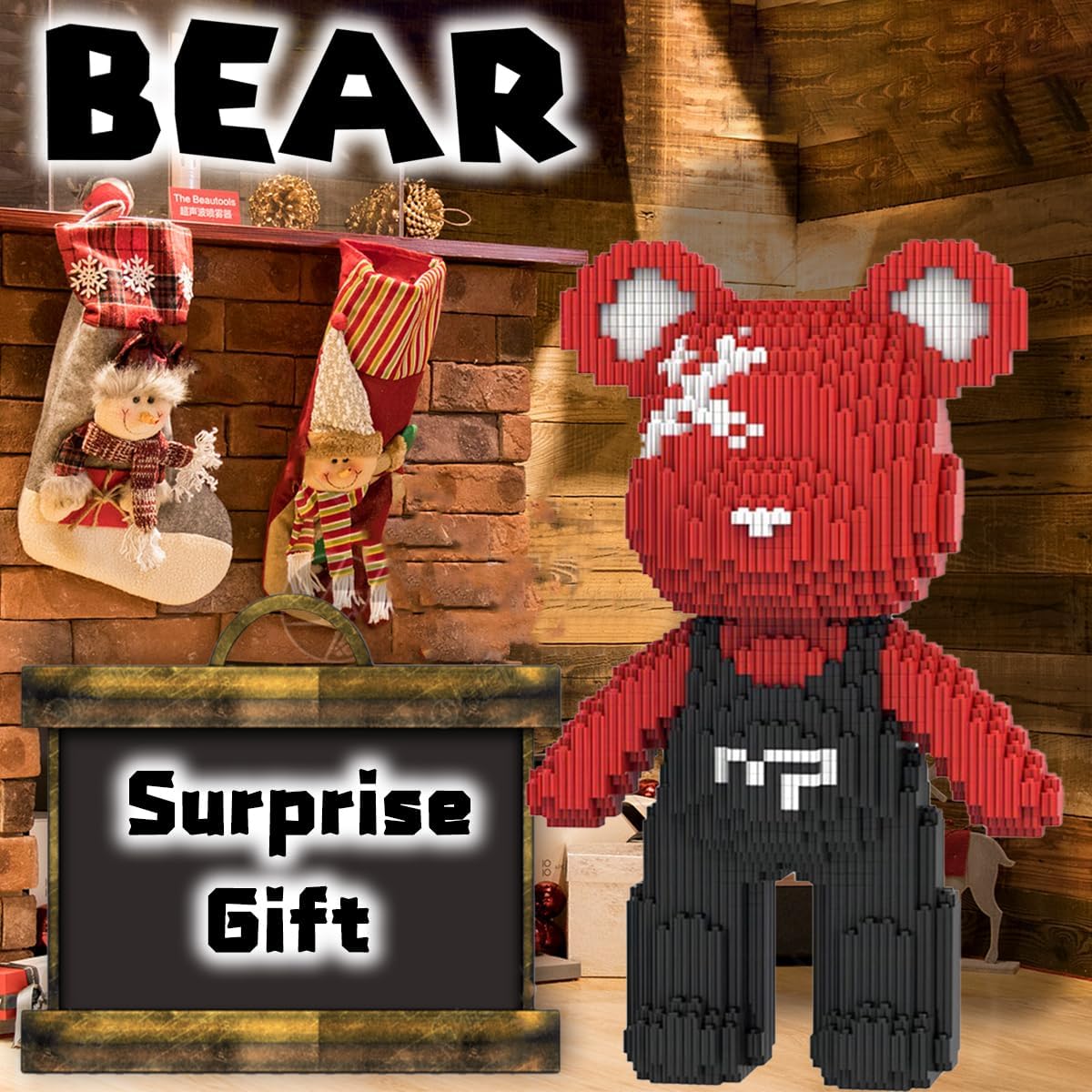 Red Teddy Blocks Bear Micro Building Blocks Set(4500Pieces) Christmas Graffiti Bear Building Blocks Creative Gift, Home Office Decor for Kids Adults 8+